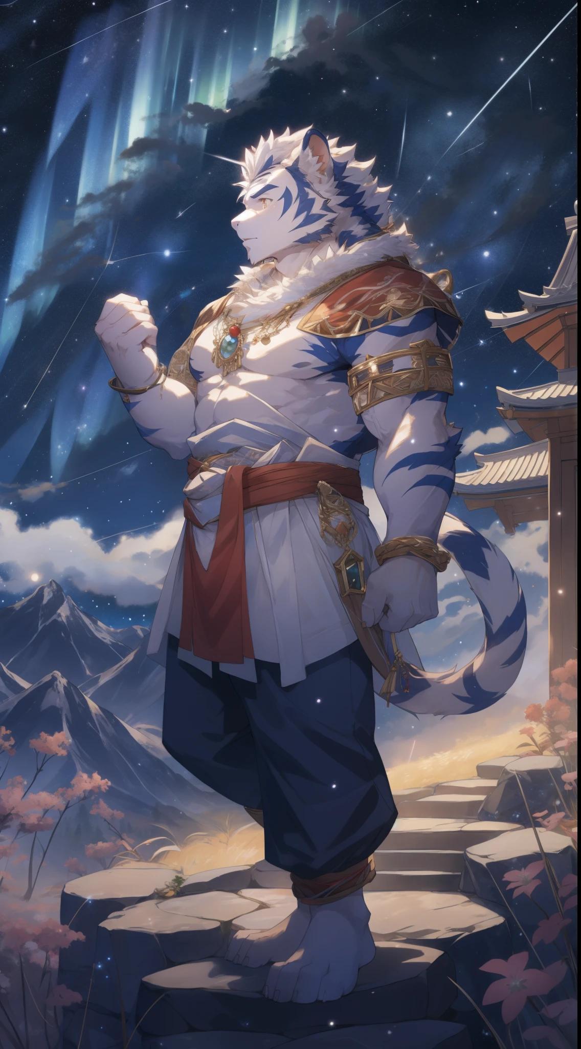 (author:ghost of emptiness, by thebigslick, by dark gem, by dear), kogen tower (Onmyoji Daisenji Temple), HD photos, perfect anatomy, Anthropomorphic white tiger, male, 20 years old, god, light blue stripes, Strong body, Large pecs, pink milk clusters, medium raised, 他飘浮在cloud端, Wear a white loose skirt, god圣光辉, one arm raised, Unleash the magic,(night starry sky:1.5), god秘表情, Face turned red, golden pupils, look up at the sky, Gold ornaments, clear facial features, Strong, alone, FOG, cloud, high altitude, meteor shower, aurora, from above