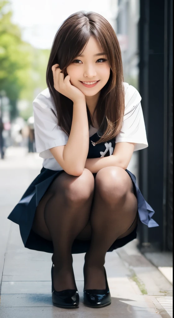 japanese school uniform、sailor suit、(happy expression:1.26)、RAW photo、(((Ultimate beauty full body photo shoot)))、((glowing skin))、1 girl、17 year old beautiful girl from Prague、bright look、((brown haired))、japanese を着た女の子、pleated skirt、View from the floor、(long stockings or pantyhose)、(Upskirt)、legs open、squat、counter point shot、((super detailed))、(perfectly detailed face)、(detailed hands)、(finger details)、(excellent human structure)、photorealistic imageasterpiece、最high quality、super detailed、film light、intricate details、High resolution、very detailed))、detailed background、8KUHD、Digital single-lens reflex camera、soft light、high quality、film grain、Fujifilm XT3 、shallow depth of field、natural soft light、Kamimei、