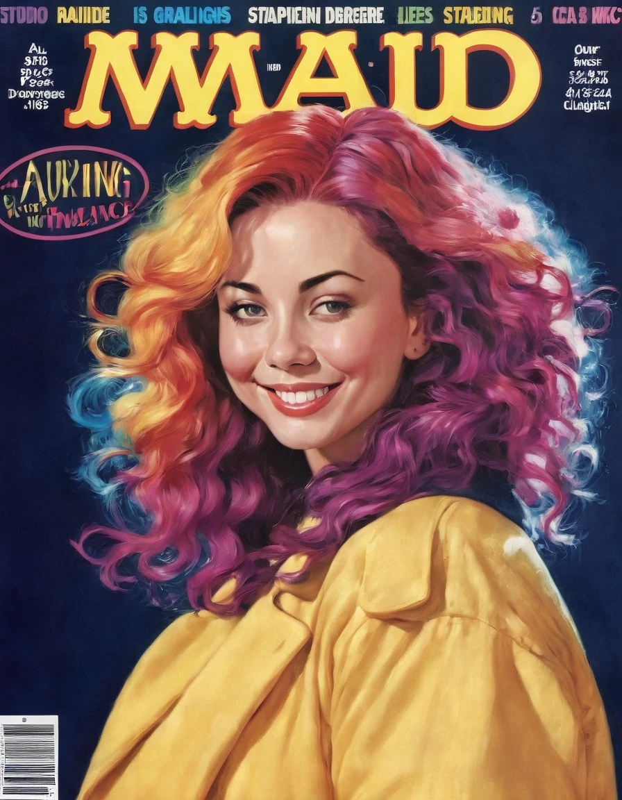 Magazine Cover, aesthetic, mad-magazine-cover, (a girl with) vibrant colorful hair, striking pose, stylish clothes, confident smile, dynamic background, (high fashion),(realistic),(studio lighting), (best quality,4k,highres), (portrait)
