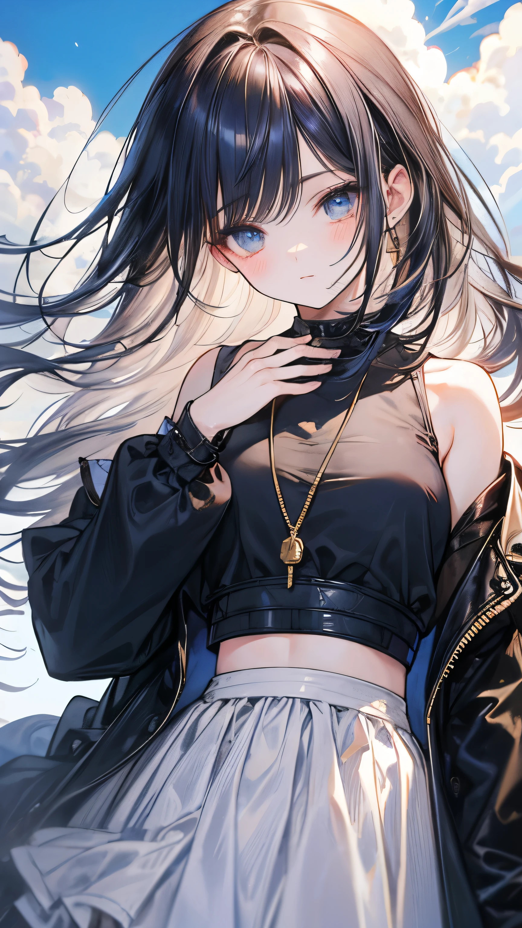 close up woman with magic hair walking,long blue sleeve crop top with under it ablouse,afarre, detailed eyes,sweet, nice, soft art, art of wlop,hyperrealistic luis royo, inspired by Trevor Brown, ulzzang, cascading, fully clothed, zhong lin, gold clouds,brown sky, skyline background, front perspective, looking at viewer, background filled with clouds