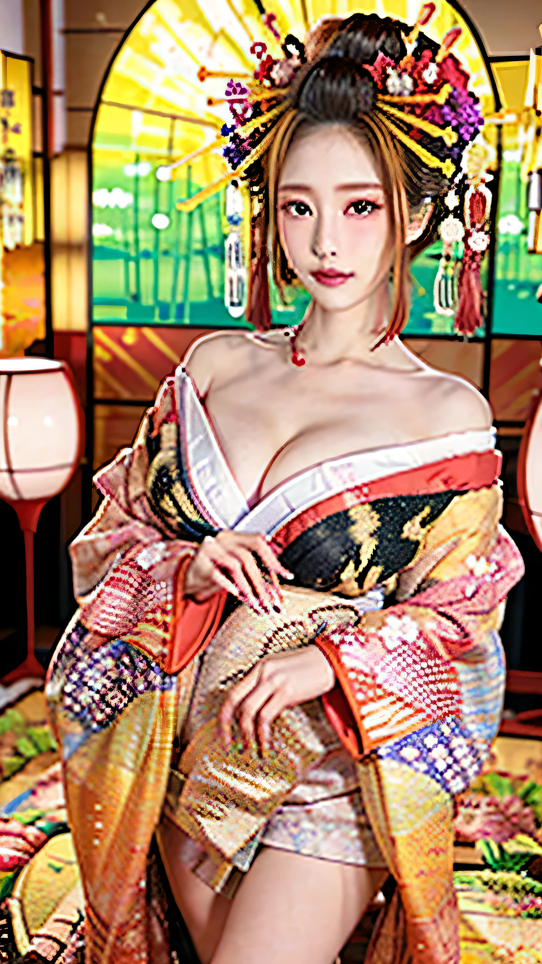(cinematic light, highest quality, 8K, masterpiece: 1.3), (World Wonderful, japanese goddess, beautiful japanese girl, korean goddess), (whole body), one girl, (necklace, bracelet, anklet, leg ring), (Huge胸, cleavage, exposed chest,  cleavage, highly detailed chest), (Huge), À la Fed Woman in kimono, kimono, Classic kimono, kimono, Japan kimono, 長くて美しい流れるkimono, 複雑な芸者のkimono, 赤または紫の花模様のkimono, Japanese style, kimonoを着ている, Inspired by Kano Hogai,  