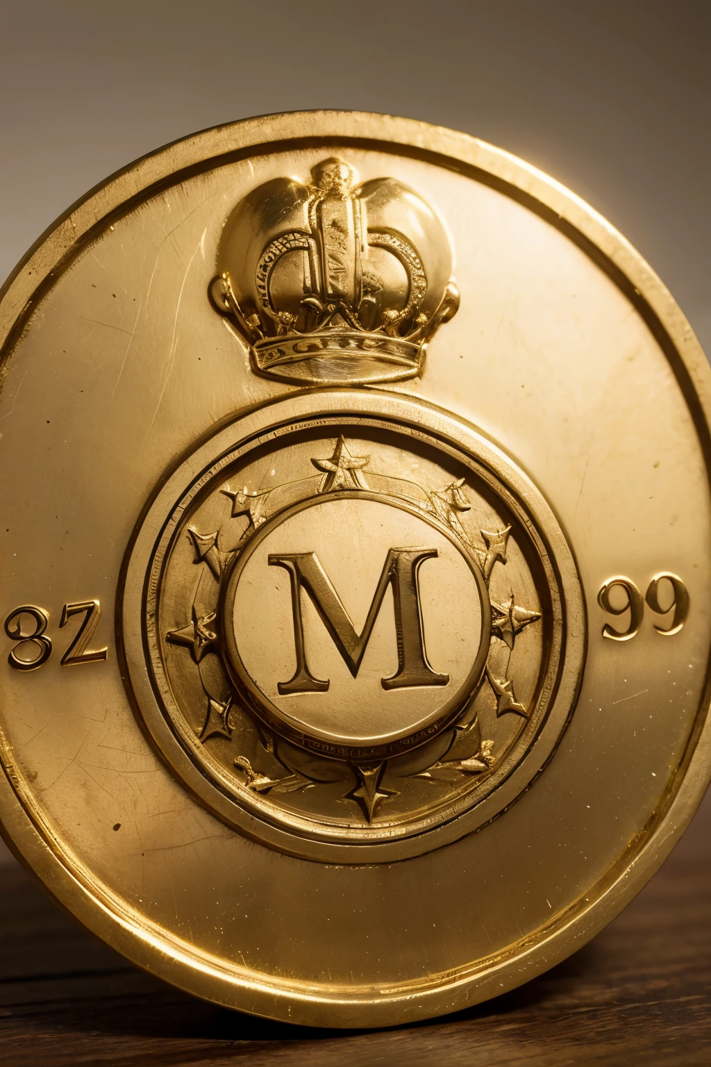 A gold medal in the foreground, with a raised rim and detailed design. In the center of the medal, the initials "M.G.R." are prominently displayed in a bold, elegant font