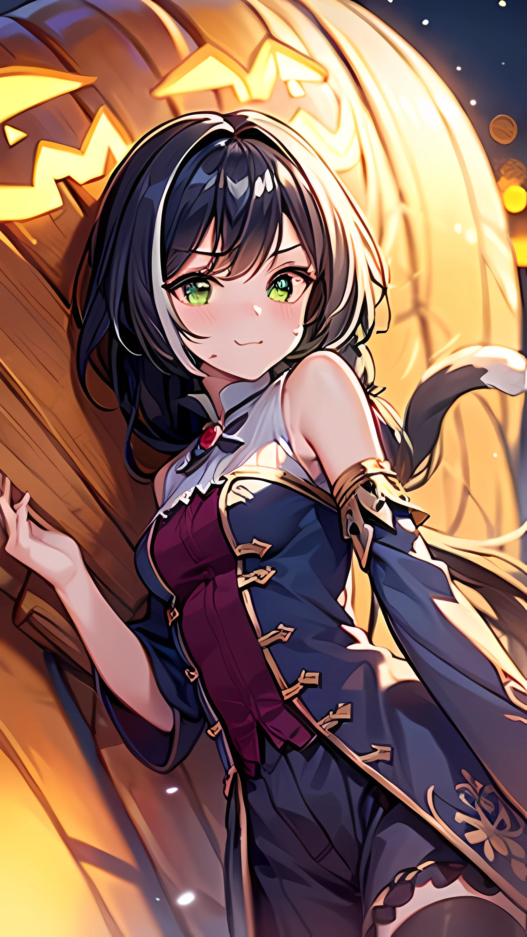 (((ultra high resolution, 8K wallpaper, masterpiece, extremely detailed illustration, thin outline, clear focus))), (anime moe artstyle), 1 girl, solo, looking at viewers, kyaru, black gradient hair, long hair, wavy hair, detailed green eyes, cat ears, (high detailed clothing), bare shoulders, detached sleeves, purple skirt, trick or treat, halloween, Jack O lantern, outdoor, in a park, at night, (blurry background, bokeh), fine detailed face, beautiful detailed eyes, ultra detailed smooth skin, (correct anatomy:1.3), (dutch angle, wide shot:1.3),