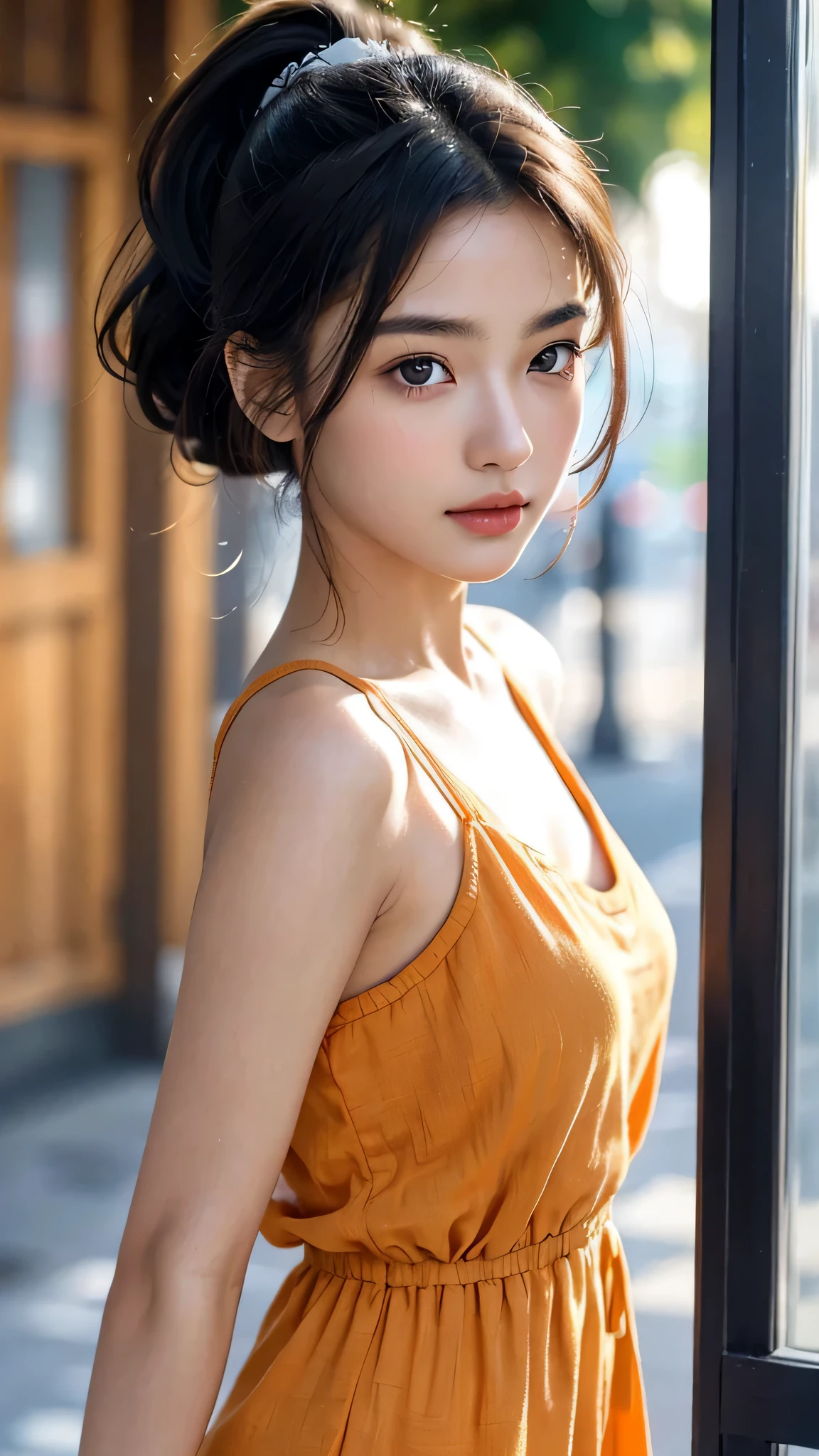One woman,fully body photo,masutepiece, The highest image quality, High quality, the background is clear，Beautiful woman, Japanese, Detailed, Detailed eyes, Detailed skin, Beautiful skin, 超hight resolution, (reality: 1.4),Very beautiful woman, Slightly younger face, Beautiful skin, slender, (Ultra photo realsisim), (hight resolution), (8K), (Very detailed) (beautifully detailed eyes), (super detailed),   (Detailed face), view the viewer, Fine details, Detailed face, Staring straight ahead, Staring straight ahead, photos realistic, Bright lighting, Professional Lighting, Black hair,poneyTail,a ,sixteen ye is ponytail,long ponytail hairstyle,slight smile,wearing orange dress,the street europian,