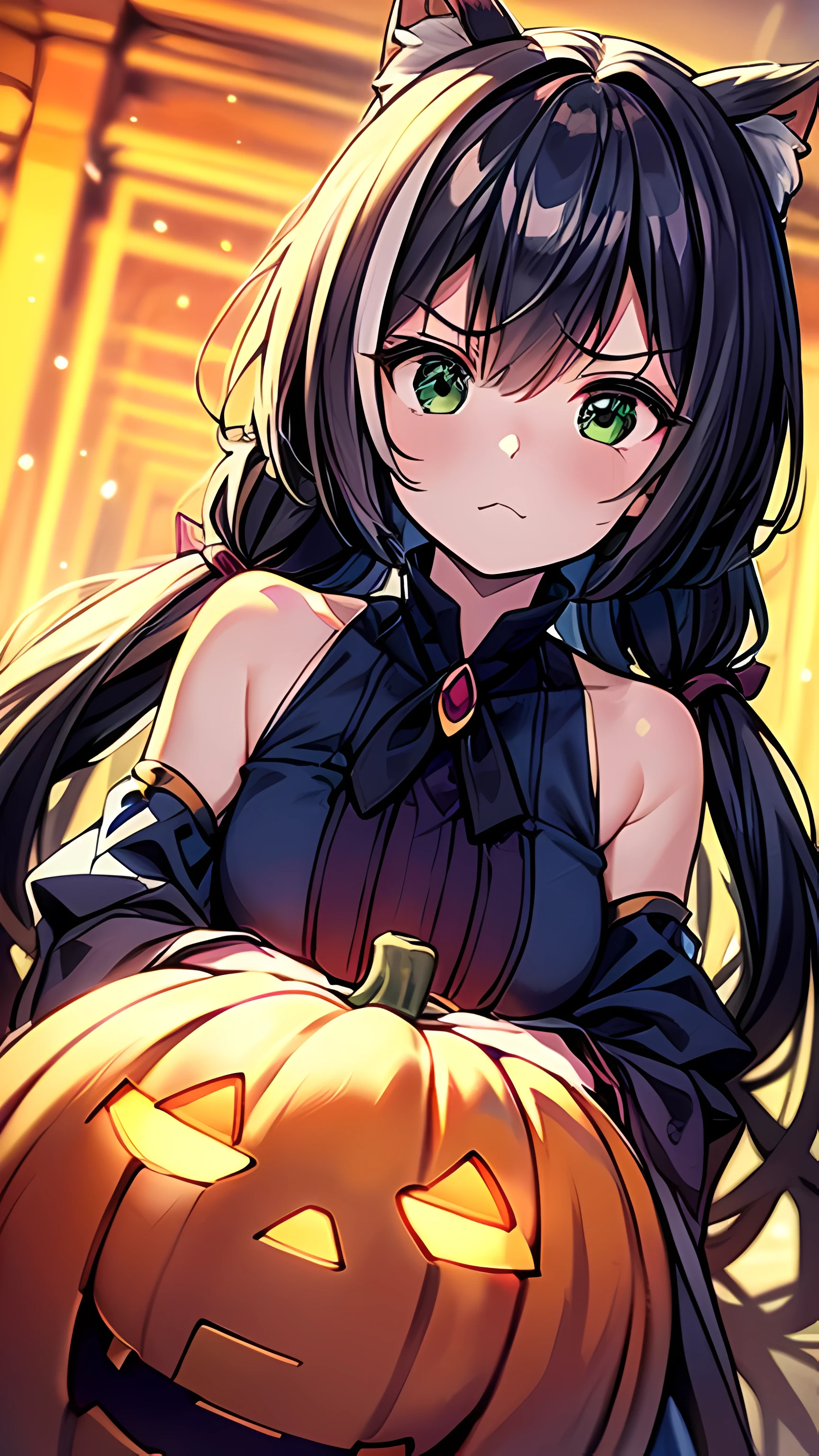 (((ultra high resolution, 8K wallpaper, masterpiece, extremely detailed illustration, thin outline, clear focus))), (anime moe artstyle), 1 girl, solo, looking at viewers, kyaru, black gradient hair, long hair, wavy hair, detailed green eyes, cat ears, (high detailed clothing), bare shoulders, detached sleeves, purple skirt, trick or treat, halloween, Jack O lantern, outdoor, in a park, at night, (blurry background, bokeh), (frown:1.2), fine detailed face, beautiful detailed eyes, ultra detailed smooth skin, (correct anatomy:1.3), (dutch angle, wide shot:1.3),