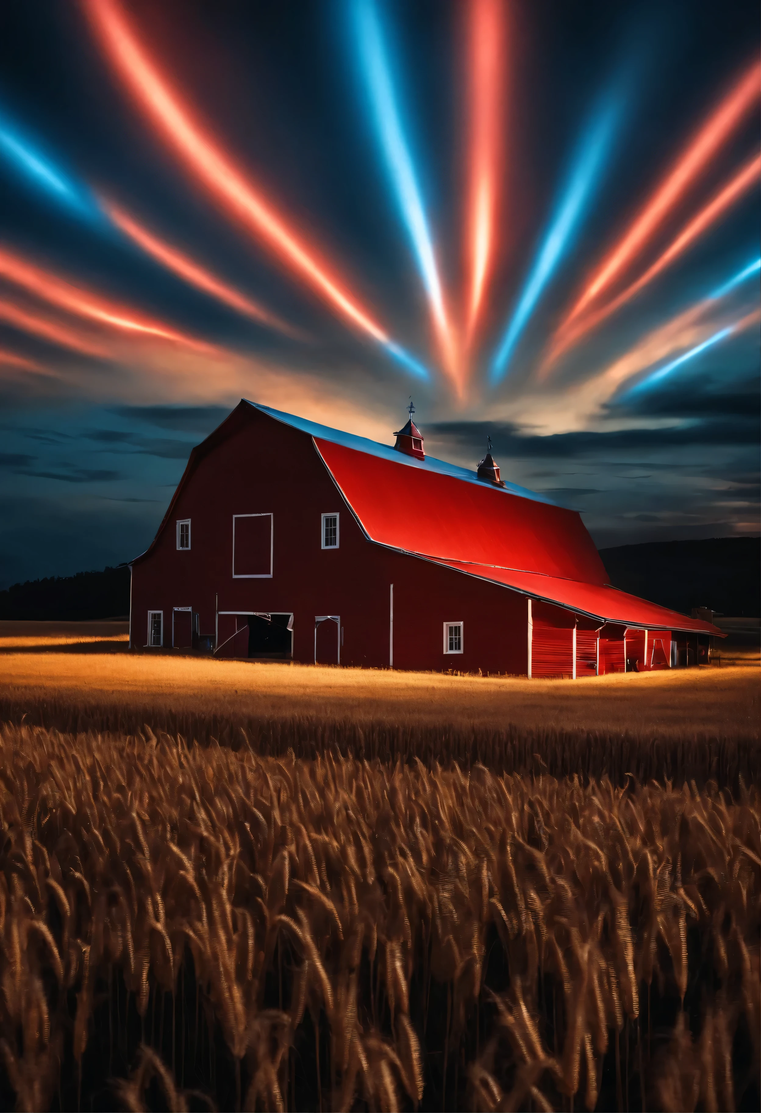 (a wheat field), (a barn in the background )
(Des personnes qui s'amuse)
(Blue and red alien lights on the barn)
(Nuit), (ovni alien dans le ciel)