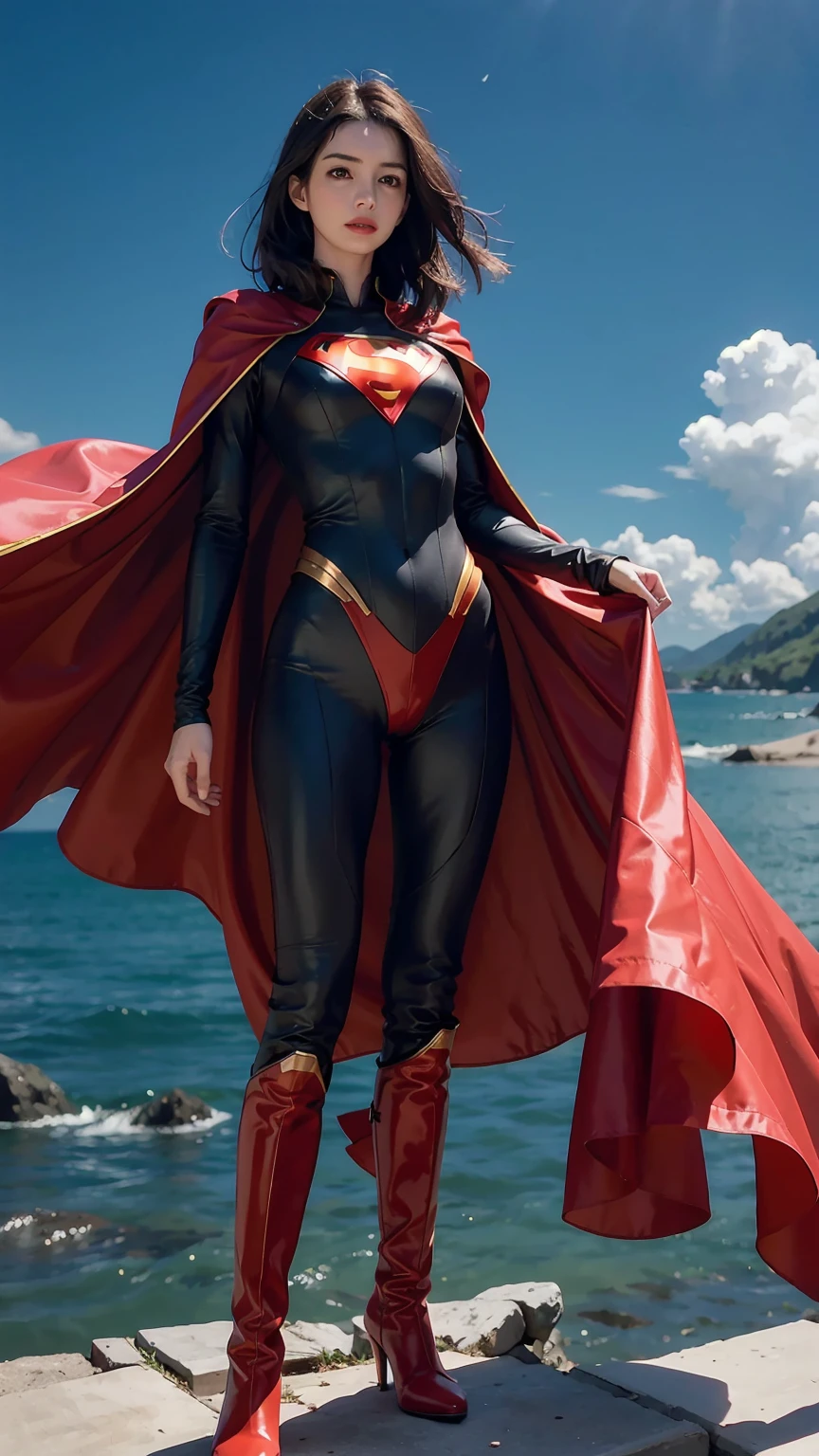 Anne Hathaway wearing detailed and glossy SuperMan costume with full sleeves covering the entire body, short black hair, serious face, (flying in sky), vivid colors, dramatic lighting, red cape, cinematic costume, carbon fiber detailed suit,red boots,red over-the-knee boots,long legs，slender legs，full budy picture