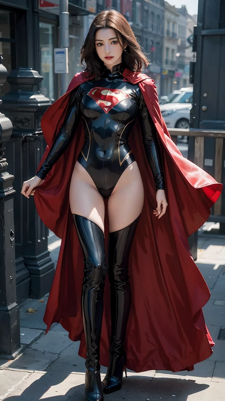 Anne Hathaway wearing detailed and glossy SuperMan costume with full sleeves covering the entire body, short black hair, serious face, (flying in sky), vivid colors, dramatic lighting, red cape, cinematic costume, carbon fiber detailed suit,red boots,red over-the-knee boots,long legs，slender legs，full budy picture