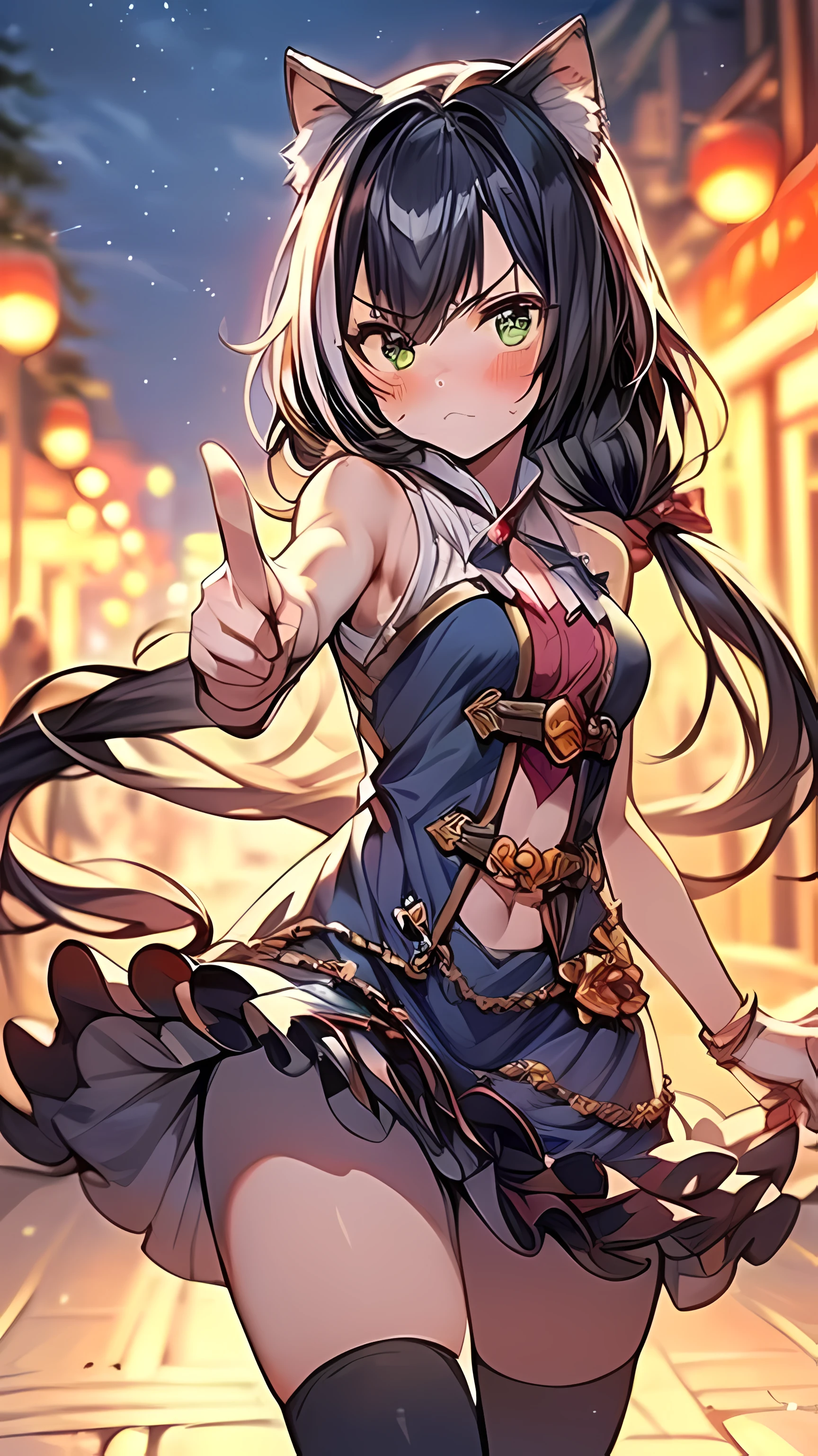 (((ultra high resolution, 8K wallpaper, masterpiece, extremely detailed illustration, thin outline, clear focus))), (anime moe artstyle), 1 girl, solo, looking at viewers, kyaru, black gradient hair, long hair, wavy hair, detailed green eyes, cat ears, (high detailed clothing), bare shoulders, detached sleeves, purple skirt, trick or treat, halloween, Jack O lantern, outdoor, in a park, at night, (blurry background, bokeh), (frown, blush, finger pointing to viewers:1.5), fine detailed face, beautiful detailed eyes, ultra detailed smooth skin, (correct anatomy:1.3), (dutch angle, wide shot:1.3),