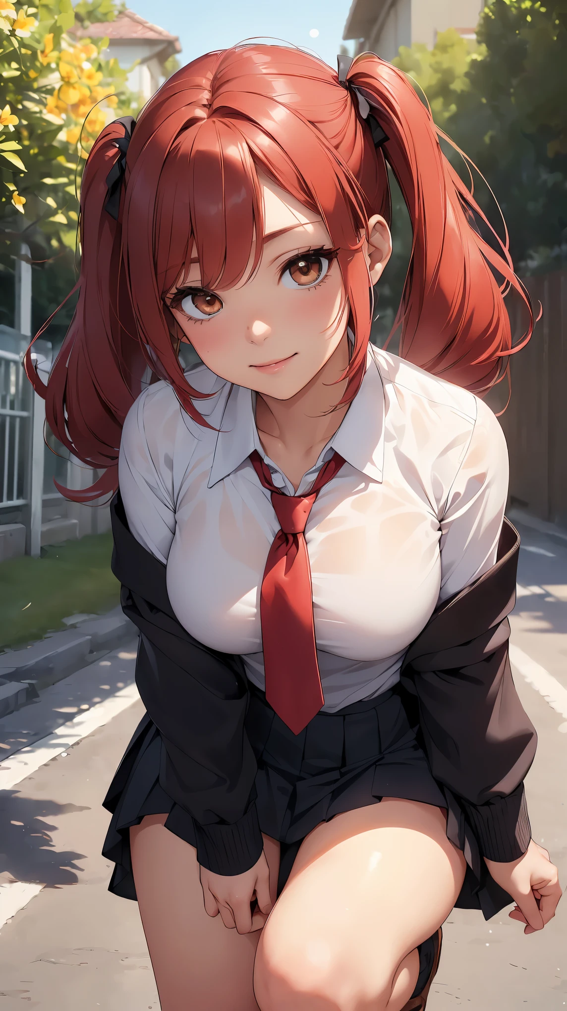 concept:beautiful woman portrait. quality:(最高quality, 8k, 4k, High resolution, masterpiece:1.2), Super detailed, (real, photorealistic:1.37), 高qualityのアートワーク, beautiful illustrations. illumination:Bright colors, Lens flare, The overall dramatic atmosphere of the scene, natural light. Subject information:alone, sexy woman, (round eyes), (small face), (high detail skin:1.2), long eyelashes, glossy lips, smile, (Red hair, Twin tails in a high position, One eye is hidden by the bangs, brown eyes), perfect face, cute face, shiny skin, long eyelashes, (big breasts), かわいいsmile:1.2, (anatomically correct), (private high , white shirt:1.2, colorful neckties, pleated skirt, mini skirt). Other details:squat on the grass:1.2, The sun's rays cast a beautiful golden glow around you., 細部までこだわったrealな光と影, (((sunny day, The wind feels good, fluttering clothes and hair))), background bokeh, 500㎜, f/4.0, photo shoot.