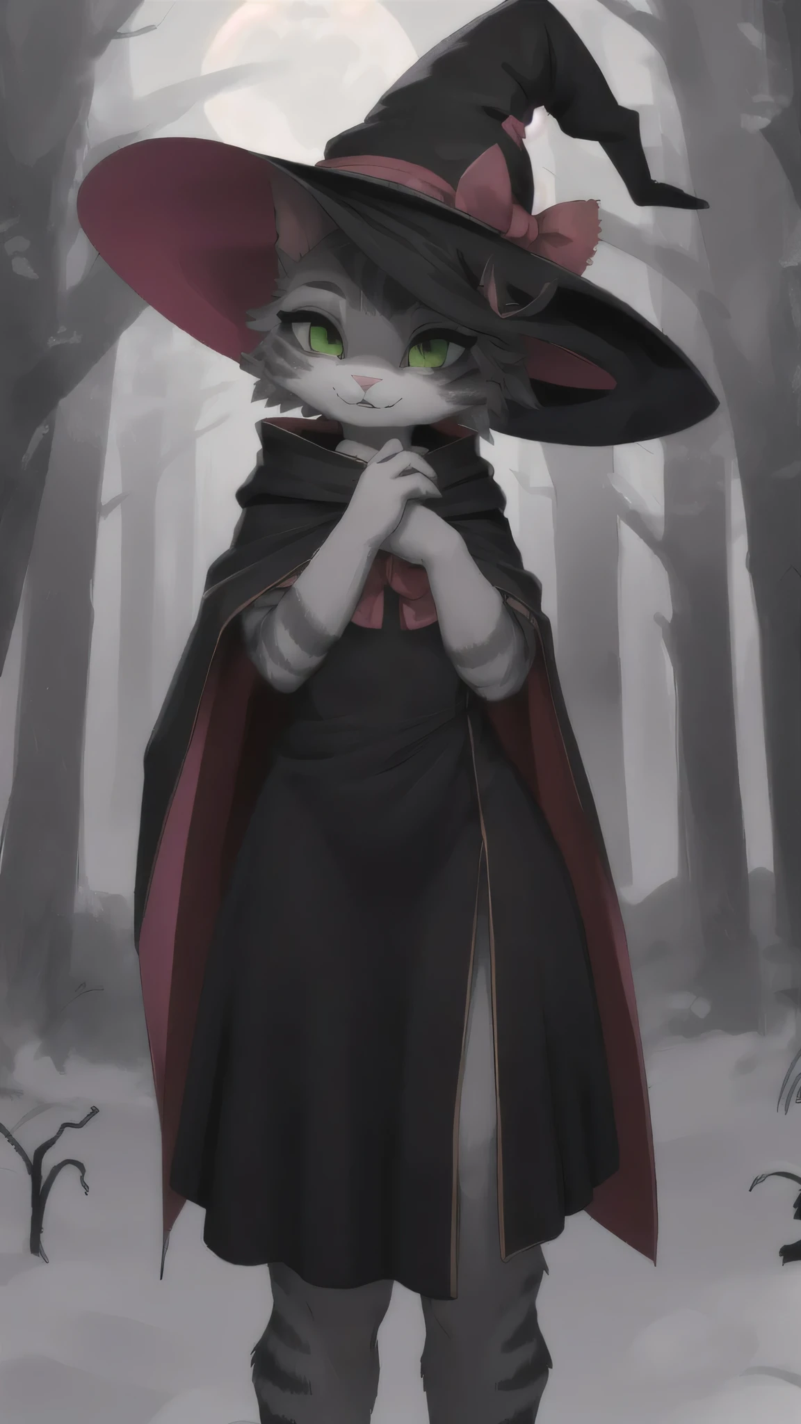 detailed background, dark and eerie forest, fog rolling through the trees, snow-covered ground, full moon shining brightly in the sky, a clearing with scattered leaves and pumpkins, a((slim and graceful)(grey cat:1.2))female standing tall in her witch costume, (black dress adorned with silver stars), (pointy hat with a wide brim), (long flowing cloak trailing behind her), (sharp claws on her fingertips), (piercing green eyes sparkling with mischief), ((delicate pink nose:1.1)peeking out from under her witch hat), (playful smile revealing sharp fangs), detailed fur markings resembling mystical patterns on her body, (confident stance), (half-body view)