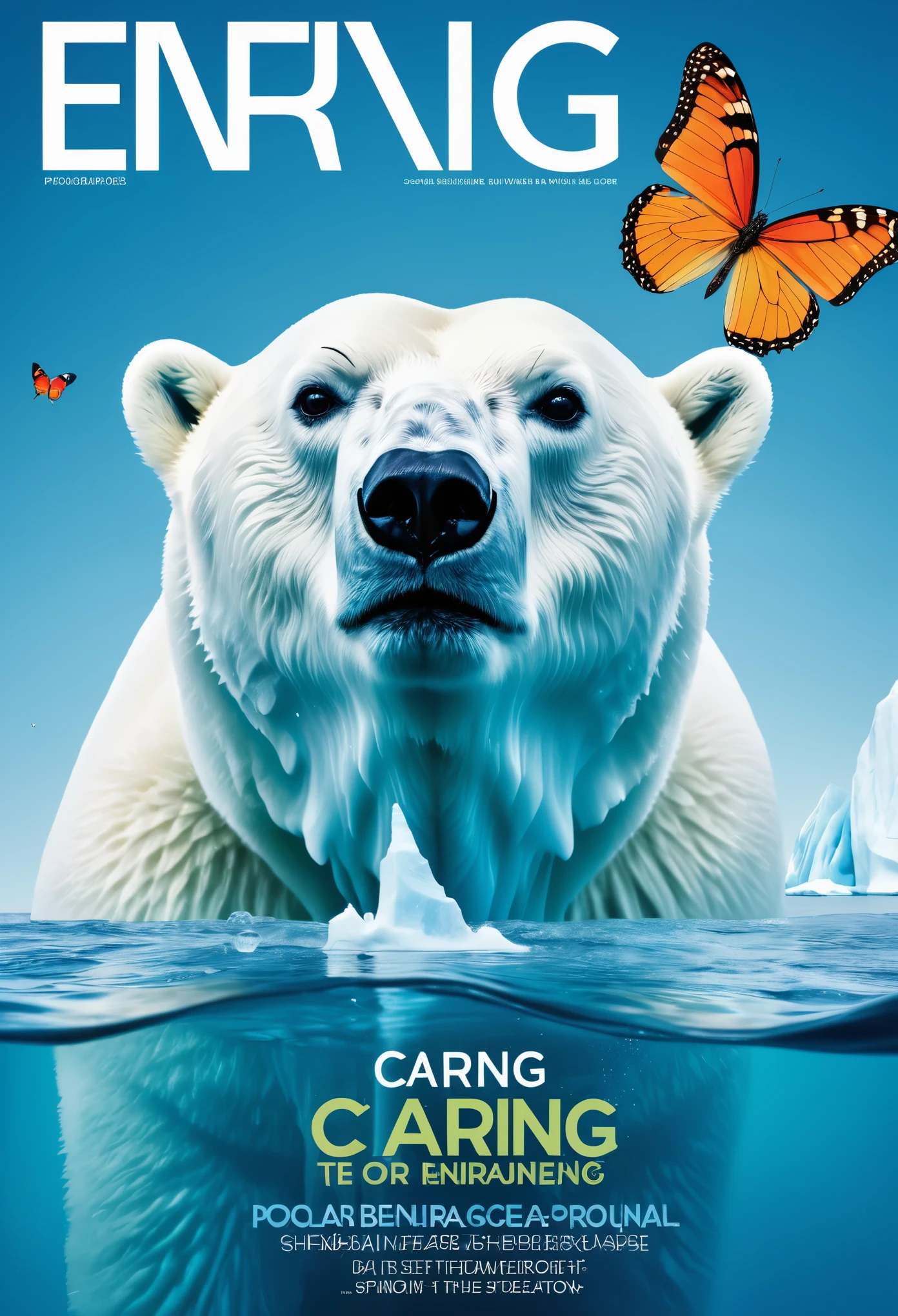 Fashion magazine cover design,underwater iceberg,Polar bear and a colorful butterfly,interesting,shocking,text,barcode,Stylish and simple,The theme highlights caring for the environment
