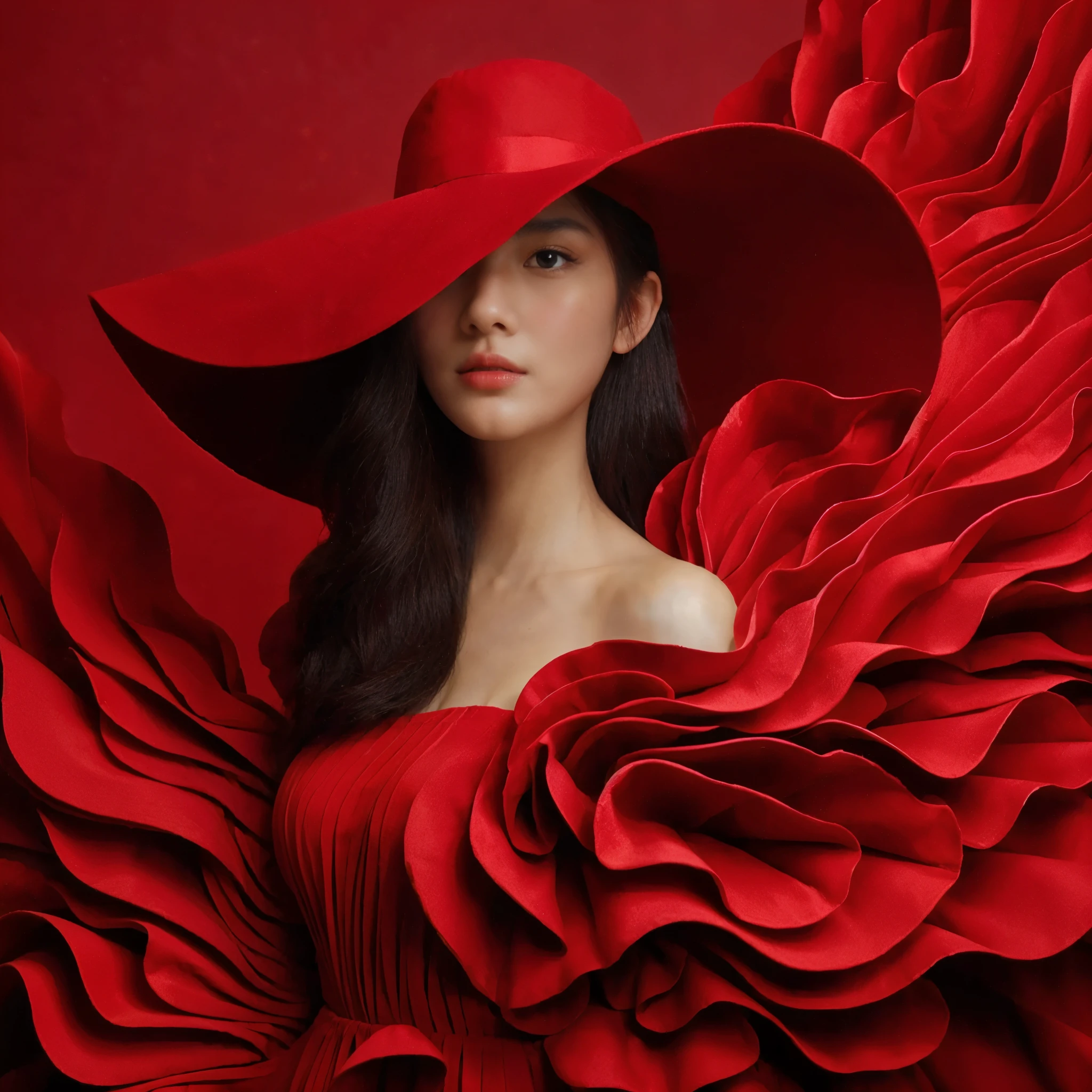 surealism style, a beautiful asian woman in a red dress, wearing a big red hat on the right, the dress is made of red background, the dress blends with the background, looking up poses,
in a clever use of negative space style, I can't believe how beautiful this is, the light from the front, the red background,
high contrast, photo studio, sharp, detailed and intricate shapes --ar 29:43 --v 6.0