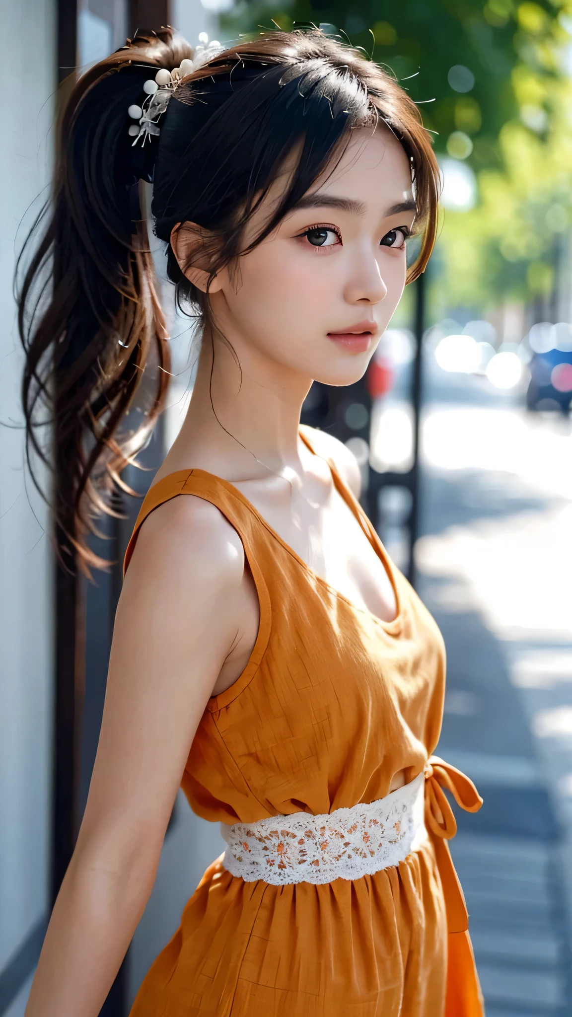 One woman,fully body photo,masutepiece, The highest image quality, High quality, the background is clear,Beautiful woman, Japanese, Detailed, Detailed eyes, Detailed skin, Beautiful skin, 超hight resolution, (reality: 1.4),Very beautiful woman, Slightly younger face, Beautiful skin, slender, (Ultra photo realsisim), (hight resolution), (8K), (Very detailed) (beautifully detailed eyes), (super detailed), (Detailed face), view the viewer, Fine details, Detailed face, Staring straight ahead, Staring straight ahead, photos realistic, Bright lighting, Professional Lighting, Black hair,poneyTail,a baby face,sixteen years old,Hairstyle is ponytail,long ponytail hairstyle,slight smile,wearing orange dress,the street europian,orange ribbon,