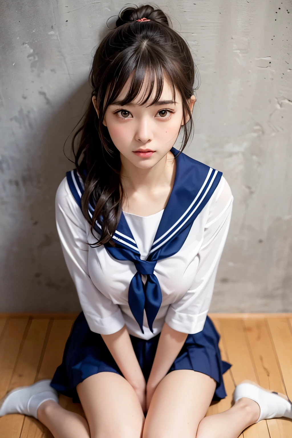 (masterpiece:1.3)、Super detailed finish、(High resolution、8k:1.3)、highest quality、(Super realistic like a photo:1.3)、correct limbs:1.3、anatomically correct:1.3, The face is in focus、(close up on face:1.2)、 ultra high definition face、Face is in focus、Ultra high definition and beautiful eyes、(focused eyes、Eyes are symmetrical:1.3)、High-definition and beautiful skin、firm skin、Ultra high definition hair texture、Japanese high school girl、、very cute, half updo:1.2, (sailor suit:1.3), classroom, (sitting on the floor next to the wall:1.3), hugging own chest, small breast, B cup, (very embarrassed:1.3), (blush:1.3), (frightened look:1.3), (Awkward pose、dynamic pose:1.3), Mr.々shooting angle:1.3, (looking at viewer:1.3), nsfw,