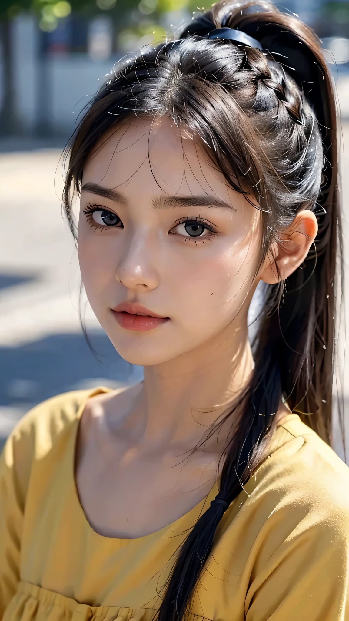 One woman,fully body photo,masutepiece, The highest image quality, High quality, the background is clear,Beautiful woman, Japanese, Detailed, Detailed eyes, Detailed skin, Beautiful skin, 超hight resolution, (reality: 1.4),Very beautiful woman, Slightly younger face, Beautiful skin, slender, (Ultra photo realsisim), (hight resolution), (8K), (Very detailed) (beautifully detailed eyes), (super detailed), (Detailed face), view the viewer, Fine details, Detailed face, Staring straight ahead, Staring straight ahead, photos realistic, Bright lighting, Professional Lighting, Black hair,poneyTail,a baby face,sixteen years old,Hairstyle is ponytail,long ponytail hairstyle,slight smile,Orange colored long dress with lots of ruffles, softly shaped skirt,the street europian,
