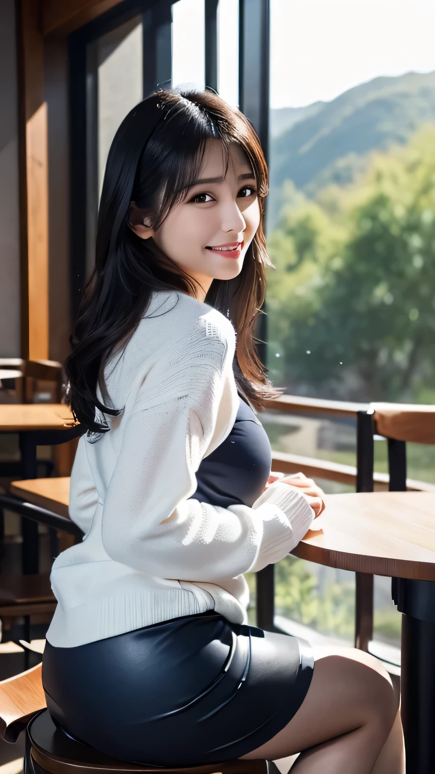 highest quality, Photoreal, finely, High resolution, 8k wallpaper, perfect dynamic composition, beautiful and detailed eyes, black hair、big and full breasts、random sexy pose、chest to chest、(Breast bulge 1.3)、laughter、(droopy eyes 1.4)、adult beauty、Japanese、look at the person taking the photo、(seductive thighs, big ass), ((white sweater, Dark blue tight skirt), (beautiful scenery), evening, Inside the cafe shop table, sit in a chair facing the table, please raise your hand, Place your elbows on the table, (Hilarious),