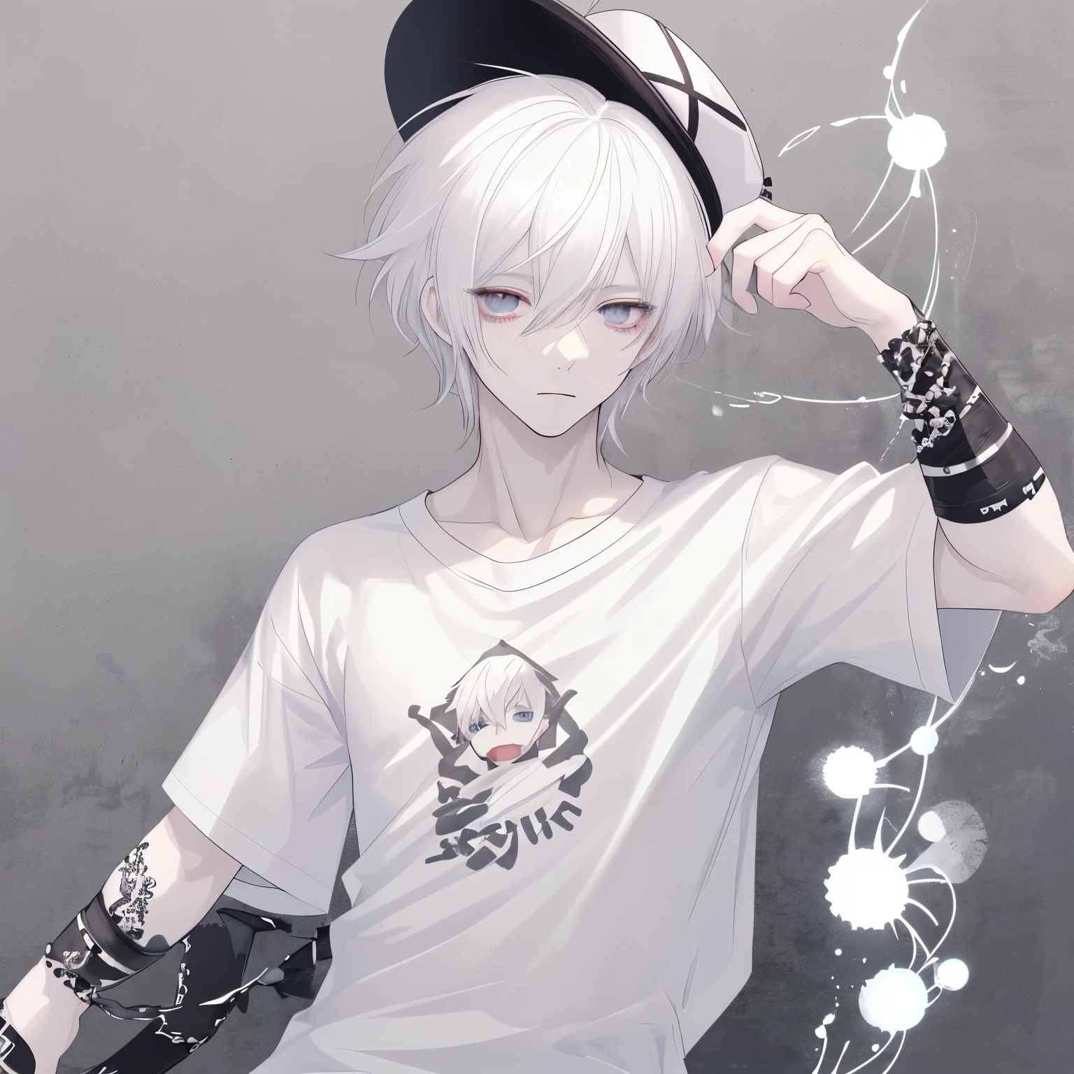 crea una imagen de un personaje de anime masculino, the character has pale skin, el cabello blanco, un sombrero blanco, cuernos blancos grandes que se le salen,con una rosa en la boca, camiseta y pantalon blanco estilo punk con un anillo de plata en la mano derecha