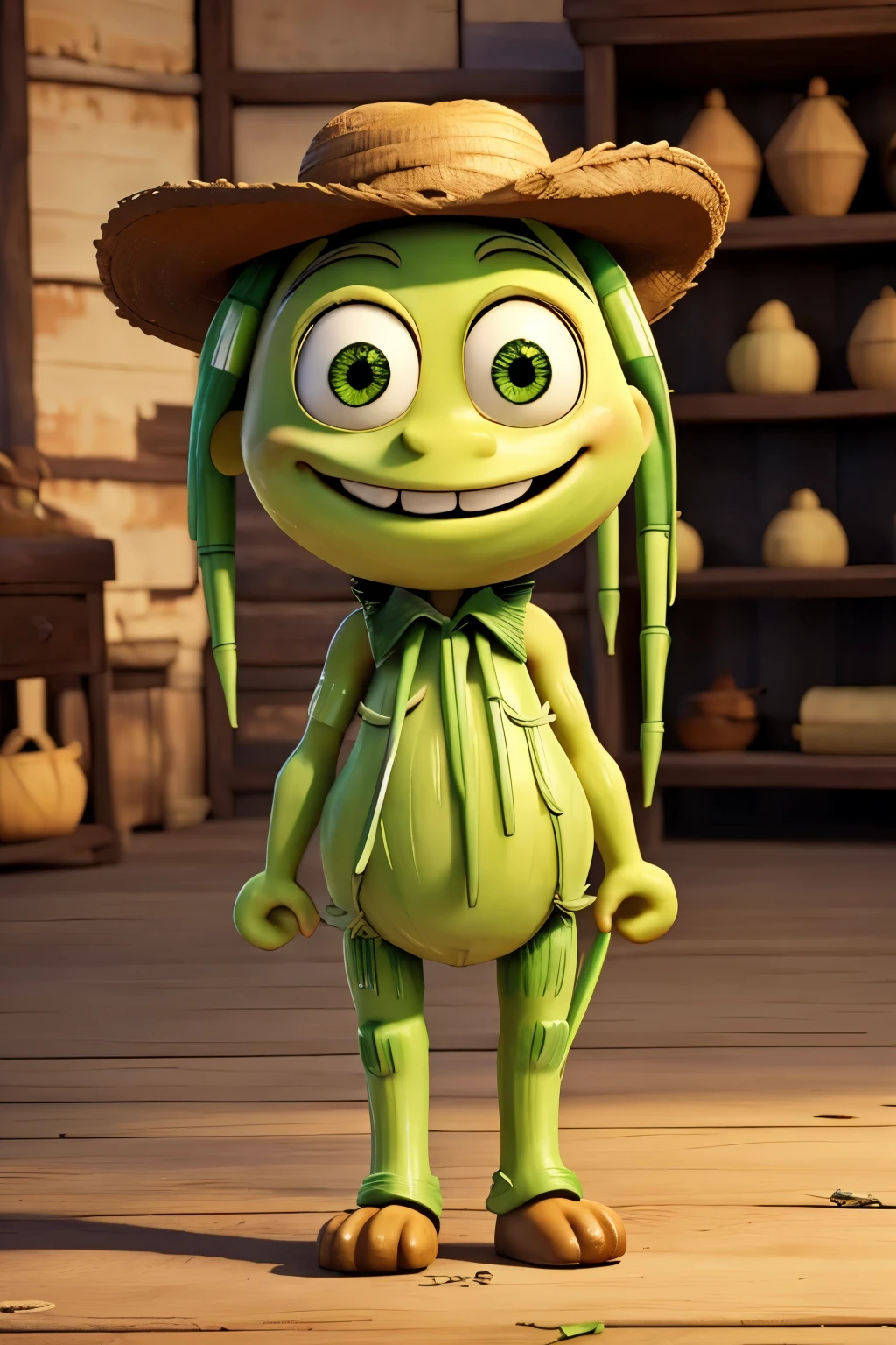 Sugar cane with eyes and arms and legs smiling and with hat
