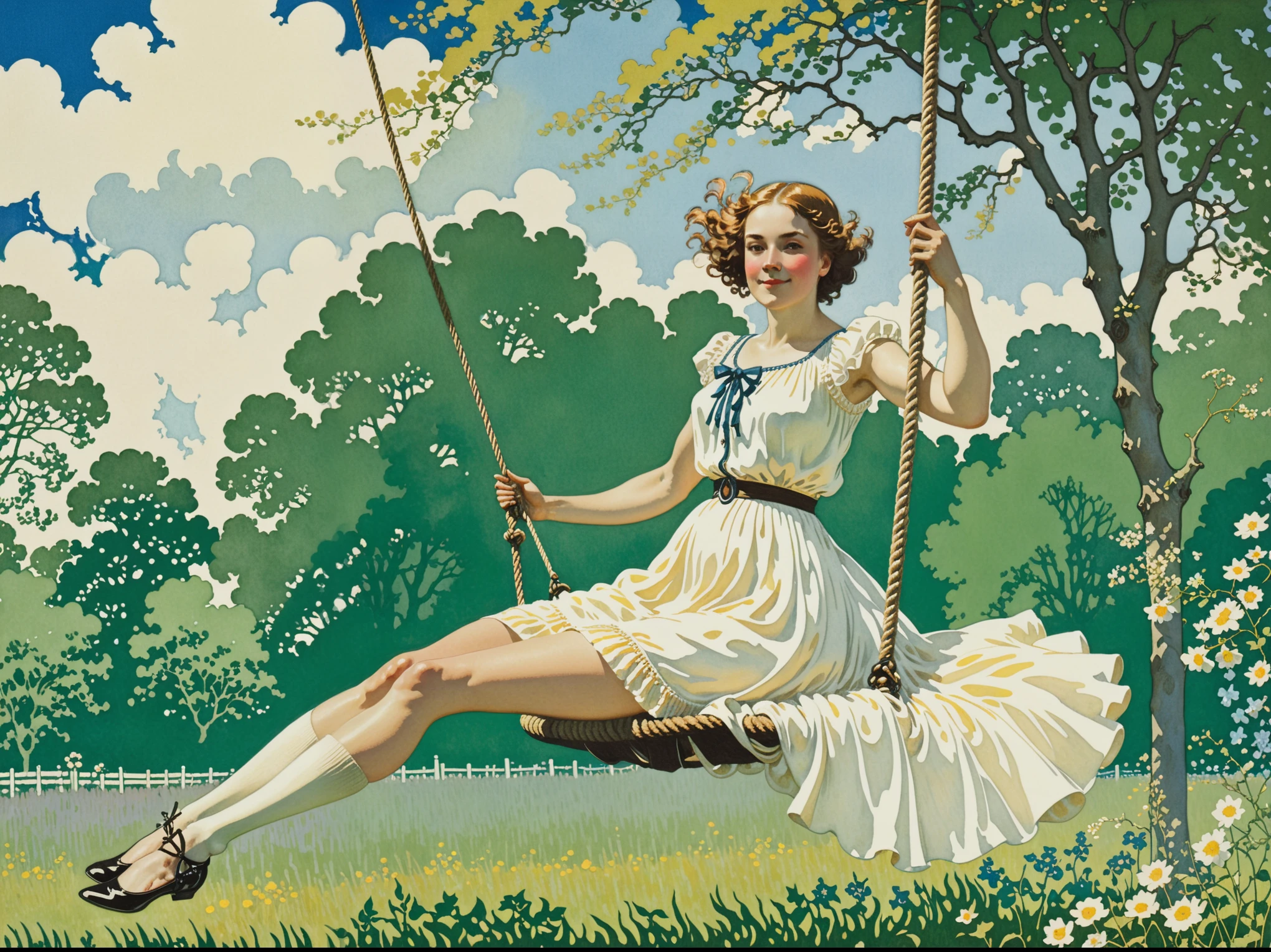 arafed woman swinging on a rope in a field, by Konstantin Somov, inspired by Konstantin Somov, by Ida Rentoul Outhwaite, by Nikolai Ge, hans thoma, inspired by Ida Rentoul Outhwaite, the non-binary deity of spring, by Julius Klinger, by Randolph Schwabe, by Charles Angrand