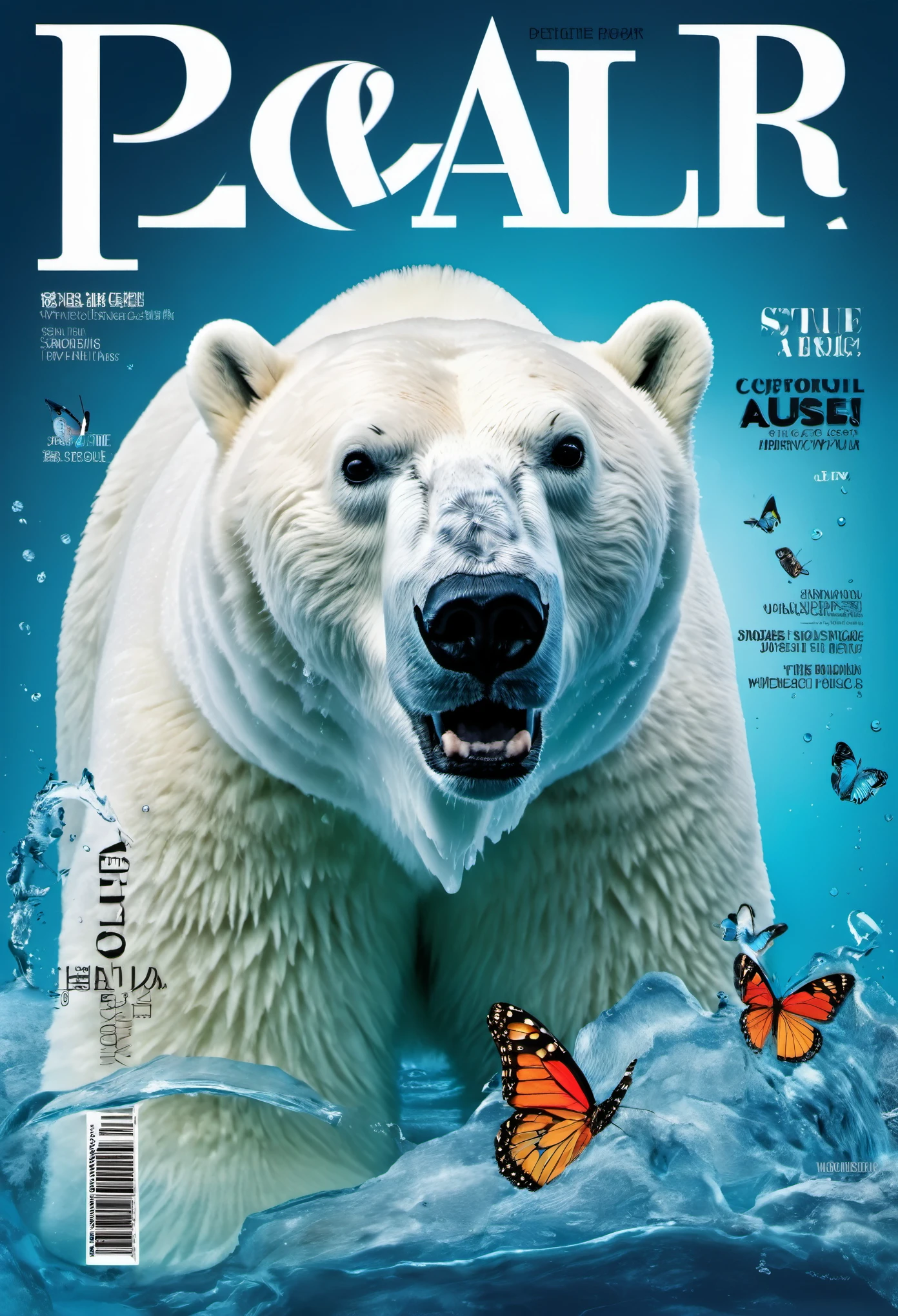 Fashion magazine cover design，iceberg，iceberg和北极熊，a colorful butterfly，text，barcode，Stylish and simple，The theme highlights caring for the environment