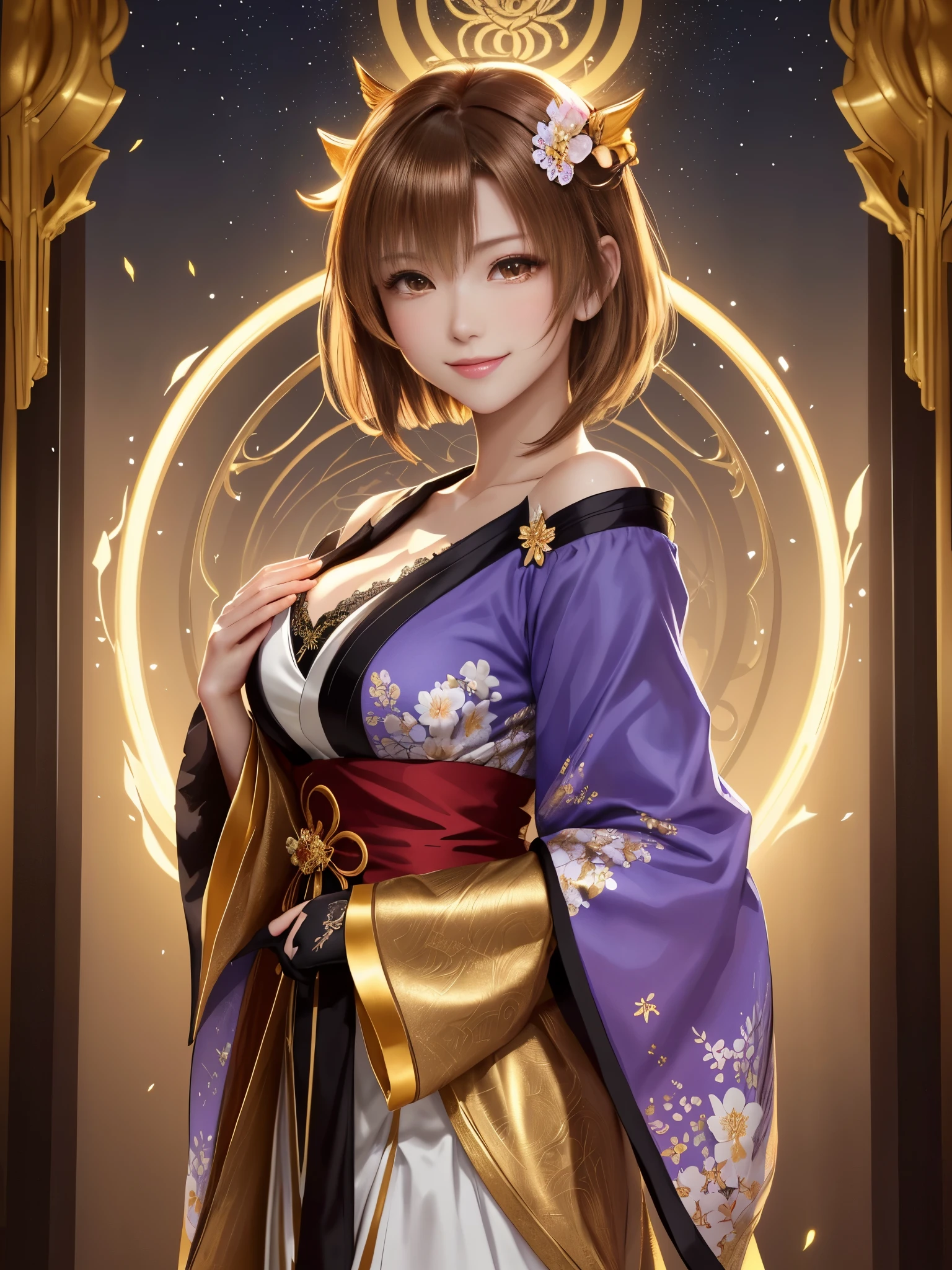 masterpiece , best quality,smile,smile,small face,shoulder exposure,golden kimono,less cleavage exposure,light brown hair,beautifully curled hair,slender body shape,brown eyes,Contrast faithfully reproduced,short hair,Beautiful short hair,Berry Short,short cut hair,just one person,precision quality,Faithfully reproduced eyes, The surroundings are shining gold,golden aura around the body,golden shining background,masterpiece,night,nightの背景,golden background,cherry blossom background,beautiful details, colorful, delicate details, delicate lips, intricate details, genuine, ultrargenuineista, 枝に座っている色とりどりの髪のFoxを持つ女の子:Mature, bright eyes, ,色とりどりのFox, raposa de nine tails, 三尾Fox, 三尾Fox, onmyoji detail art, beautiful fine art illustration, mythical creatures, Fox, beautiful digital art,shrine maiden,hold hands,exquisite digital illustration, mizutsune, Inspired by mythical wild web creatures, pixiv in digital art, shining light, high contrast, Mysterious,