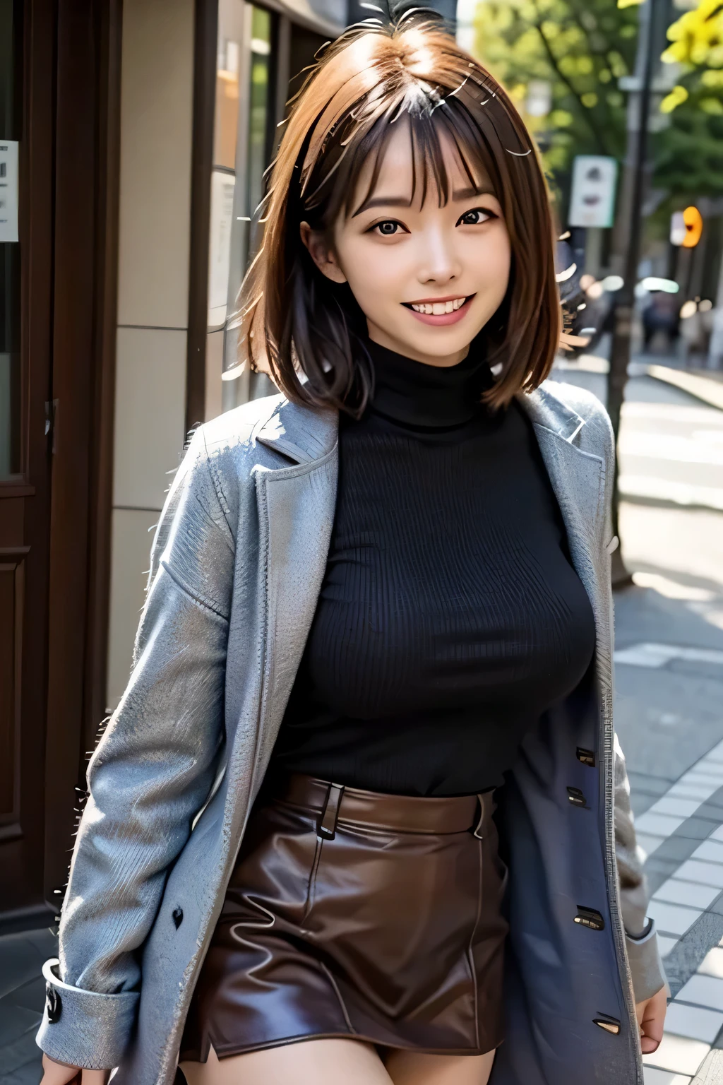 (8K, Raw photo, highest quality, masterpiece, realistic, Photoreal), (1 female), (ultimate beauty), Juku Year, highly detailed face, detailed eye, 二重eyelash, eyelash, smile, (perfect teeth), lip details, brunette bob, big breasts, (long turtleneck sweater), ((brown mini skirt)), ((wearing a blue down coat)), cowboy shot, Koen-dori in Tokyo, soft light, ((Depth of written boundary)) 