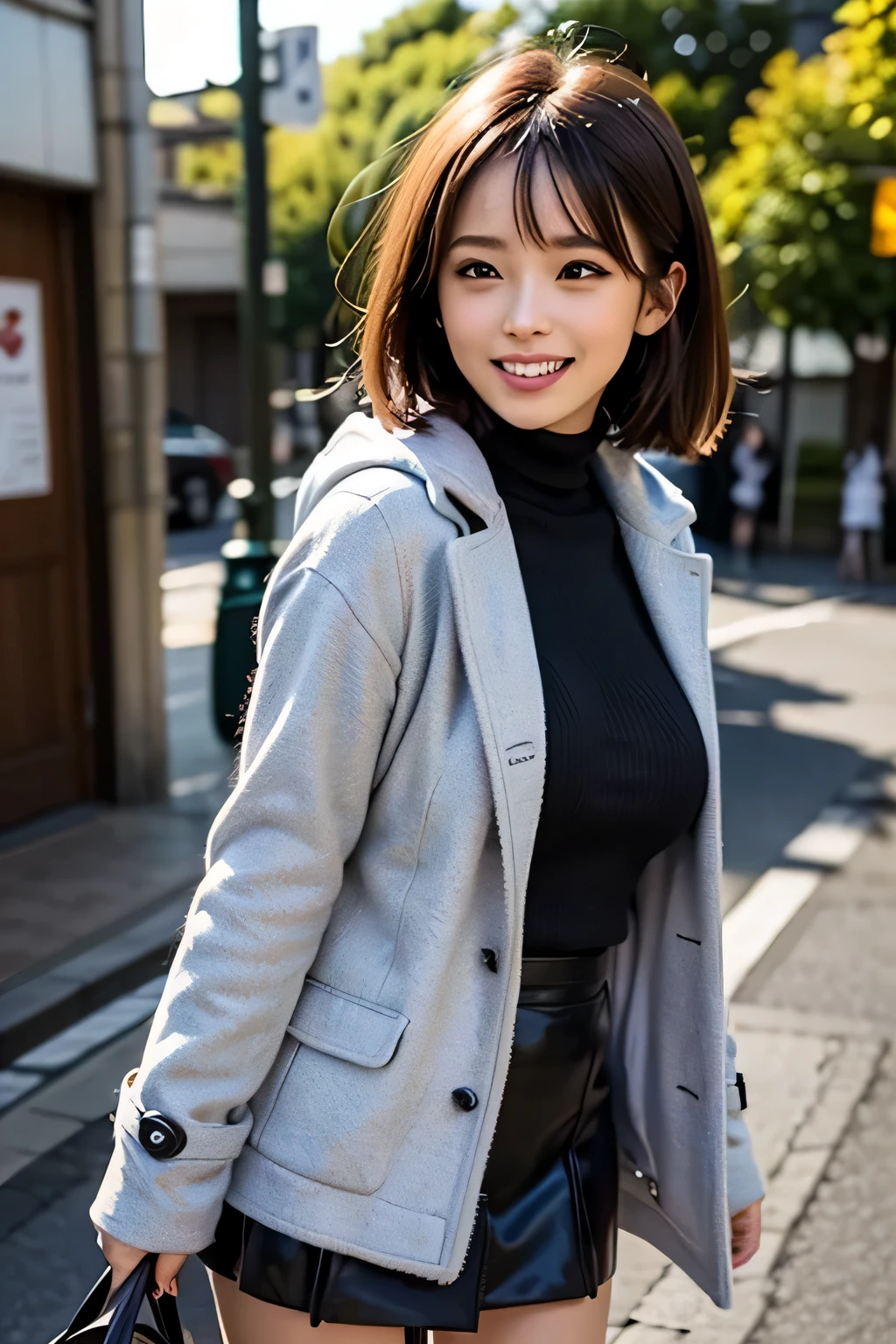 (8K, Raw photo, highest quality, masterpiece, realistic, Photoreal), (1 female), (ultimate beauty), Juku Year, highly detailed face, detailed eye, 二重eyelash, eyelash, smile, (perfect teeth), lip details, brunette bob, big breasts, (long turtleneck sweater), ((brown mini skirt)), ((wearing a blue down coat)), cowboy shot, Koen-dori in Tokyo, soft light, ((Depth of written boundary)) 