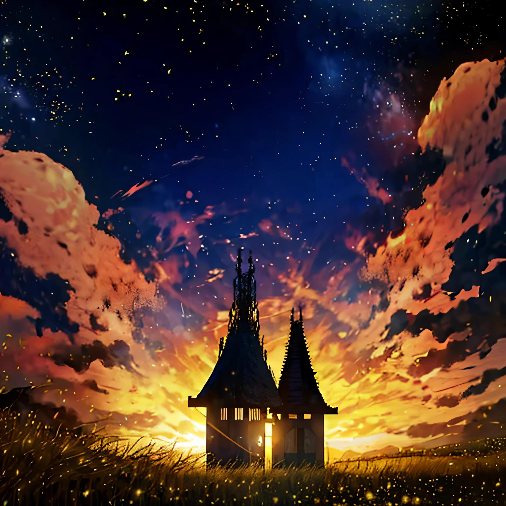 Dans le calme tranquille de la nuit, une scène se déroule dans un champ ouvert où des vagues dorées de blé se balancent doucement sous le doux clair de lune. L'atmosphère sereine est accentuée par la silhouette élégante d'a barn in the background., sa structure en bois représentée avec des détails et des textures complexes.
Soudain, un délicieux rassemblement de personnes émerge alors qu'they indulge in carefree laughter., enchanting the tranquility of the night. L'air autour d'eux est rempli d'un sentiment magique de joie et de bonheur..
Alors que leur esprit joyeux prend le dessus, la scène est éclairée par un spectacle extraordinaire - une danse entre des lumières extraterrestres bleues et rouges qui scintillent et se déclenchent.