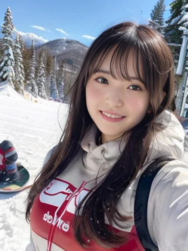 delightful, smiling, messy hair, (red bikini), (Scene of snowboarding:1.2), in the snow mountain, full body shot, from below