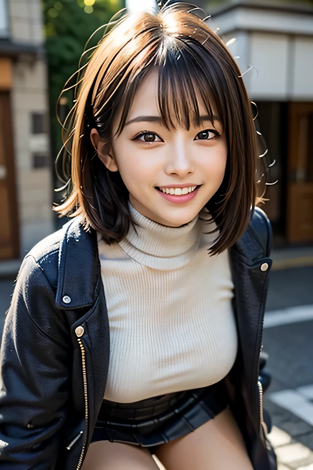 (8K, Raw photo, highest quality, masterpiece, realistic, Photoreal), (1 female), (ultimate beauty), Juku Year, highly detailed face, detailed eye, 二重eyelash, eyelash, smile, (perfect teeth), lip details, brunette bob, big breasts, (long turtleneck sweater), ((brown mini skirt)), ((wearing a blue down coat)), cowboy shot, Koen-dori in Tokyo, soft light, ((Depth of written boundary)) 