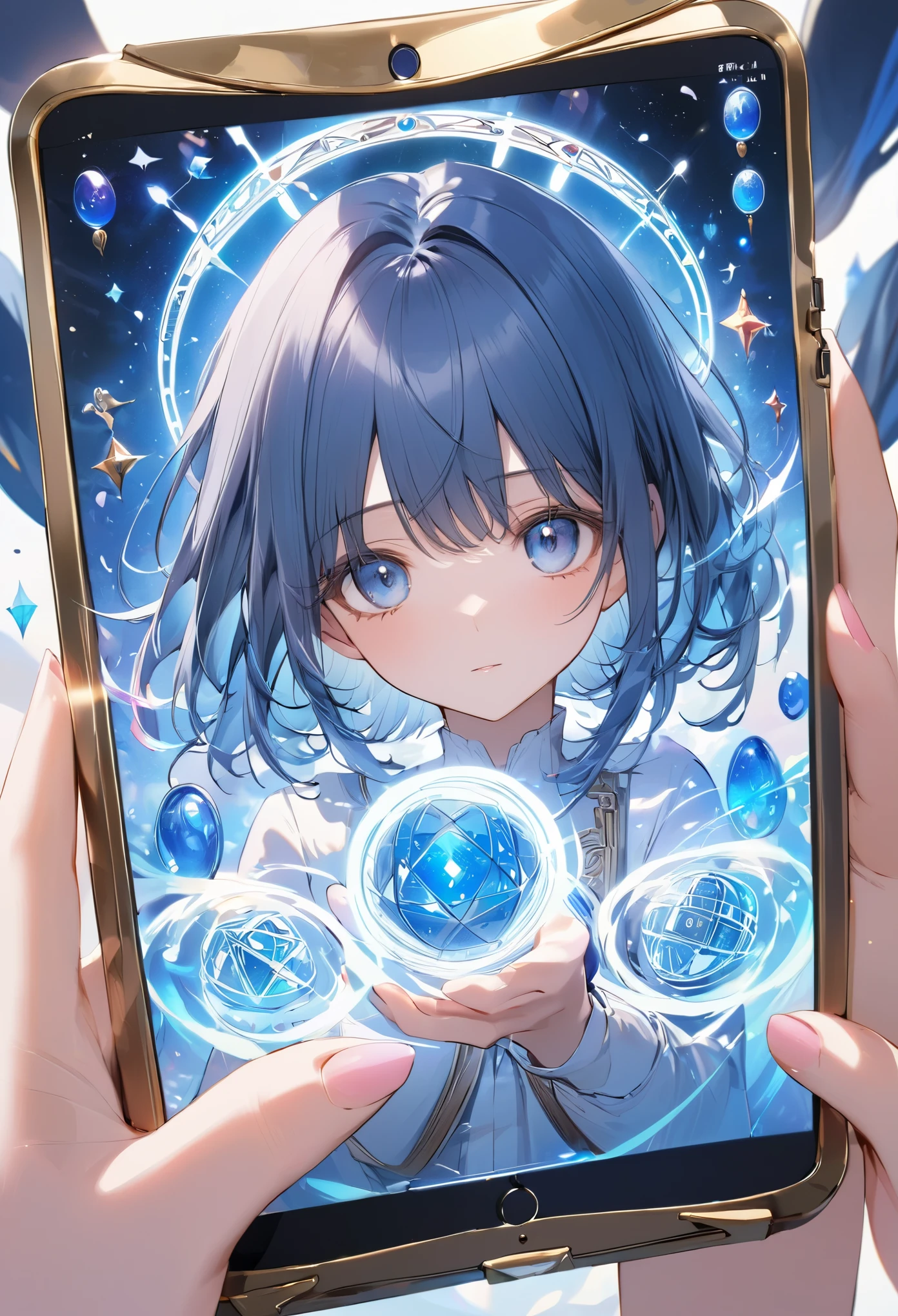 masterpiece, best quality,high quality,White,1girl,blue eyes,Blue Hair,Handheld Magic Array