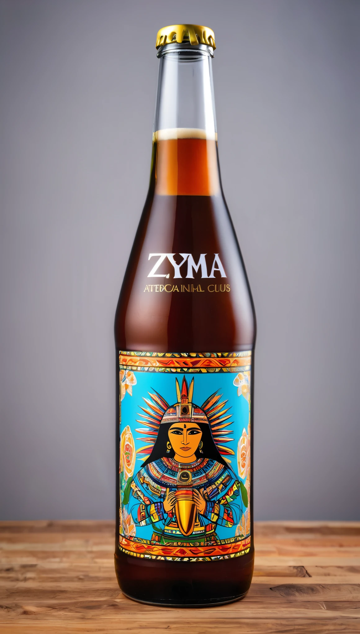 Hacer una botella de 1 litro de cerveza artesanal con la imagen del dios Viracocha de la cultura inca, with the name Diabolus and a 500 ml glass with the name Zyēma on the side.
