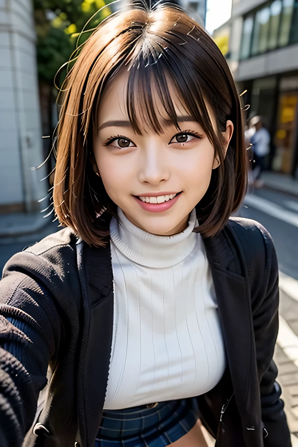 (8K, Raw photo, highest quality, masterpiece, realistic, Photoreal), (1 female), (ultimate beauty), Juku Year, highly detailed face, detailed eye, 二重eyelash, eyelash, smile, (perfect teeth), lip details, brunette bob, big breasts, (long turtleneck sweater), ((brown mini skirt)), ((wearing a blue down coat)), cowboy shot, Koen-dori in Tokyo, soft light, ((Depth of written boundary)) 