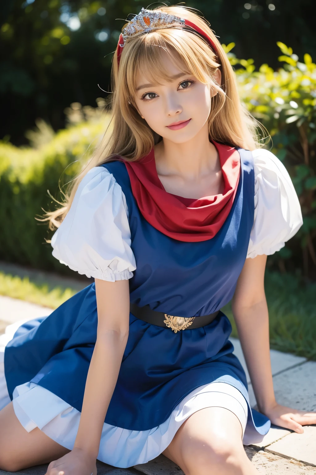 masterpiece、1 beautiful girl、fine eyes、smile,puffy eyes、highest quality, 超High resolution, (reality: 1.4), movie lighting、super beautiful、beautiful skin、body facing forward、Upper body,close up of face,(超reality的な)、(High resolution)、(8k)、(very detailed)、(美しくfine eyes)、(Super detailed)、 (wall-)、detailed face、bright lighting、professional lighting、looking at the viewer、look straight ahead、slanted bangs、perfect cosplay, highest quality,super detailed,1 girl,alone,magical princess,blonde hair,blue clothes,blue skirt,brown eyes,feather hair band,long hair,pauldron,pink shield,boots,red scarf,tiara,white shoes, simple background,have a bow in hand