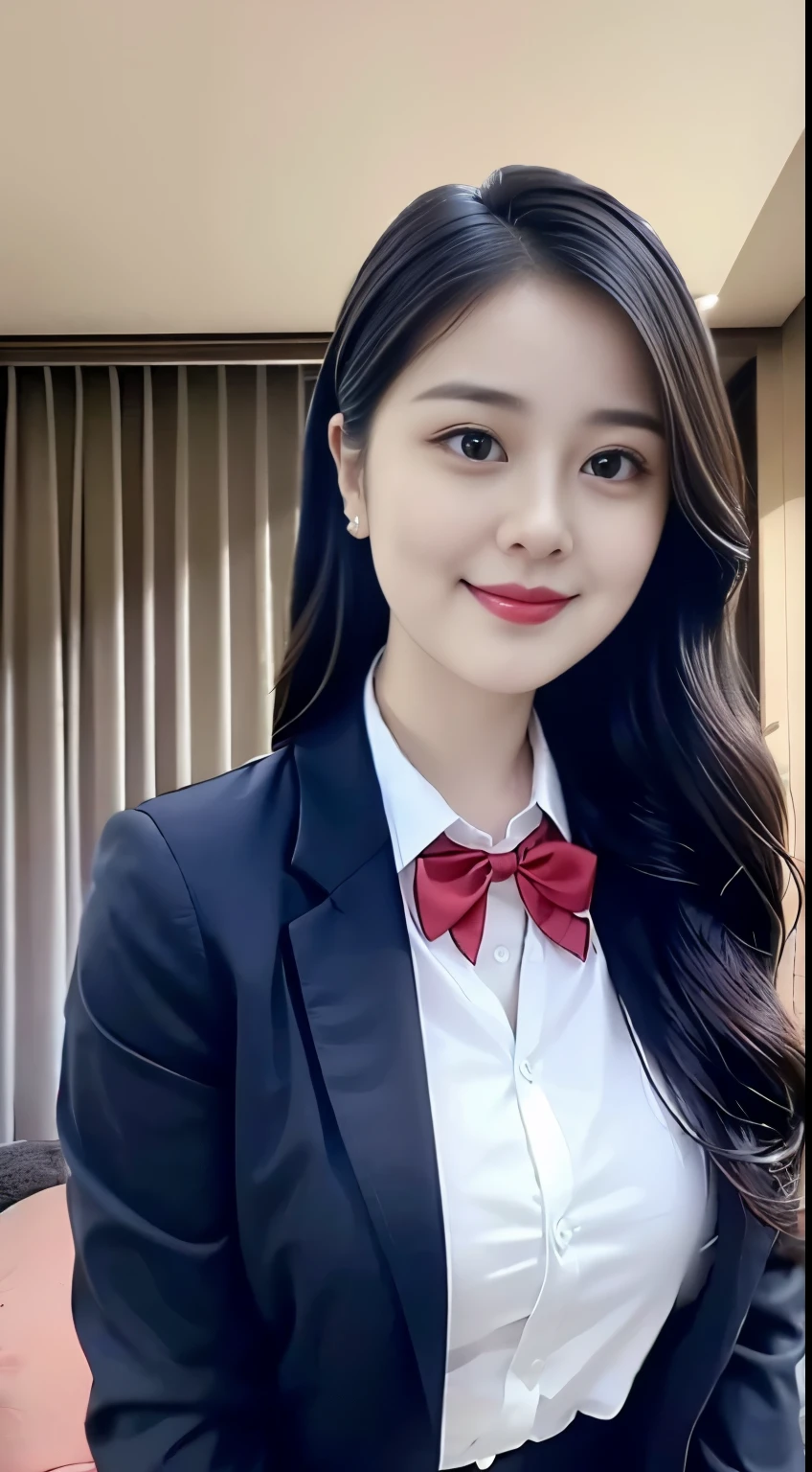 (top quality、8k、masterpiece:1.3))、30-year-old Korean woman,sharp focus, High level of image quality, high resolution,facial focus,Portrait ID photo,Draw lips correctly, red lipstick,wear white shirt,red bow tie,gray suit。wavy long hair,hair tied up,ponytail,Mature,charming smile,