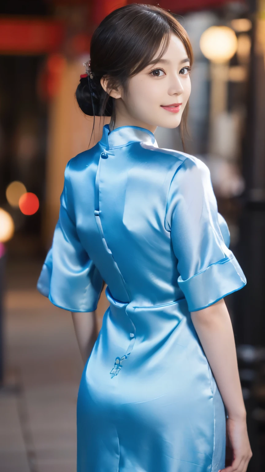(8k, highest quality, RAW photo、masterpiece: 1.2), Super detailed, highest quality, ultra high resolution, professional lighting, photon mapping, radio city, Physically based rendering, cinematic lighting, Depth of the bounds written, focus on,1 female,24-years-old、 (full body shot), ((Chinese dress))  ((silk cheongsam dress:1.3)),(looking at the viewer:1.3) very slim, medium breasts, (pull clothes, Dress Tags, Wind, Wind lift:1.12),((return)), ((from behind))(buckshot), cute, white skin、looking at the viewer, light smile,alone, enchanting smile, wide opening, professional lighting, Sony α7R4, Zecy 50mm F1.8, medium breasts,thin and beautiful eyes,