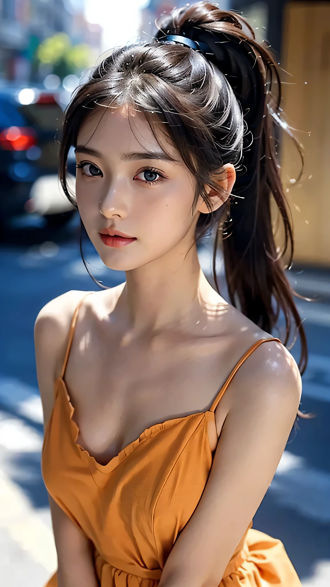 Valentine's Day girl waiting for her boyfriend to show up,Short stature、 ((one piece dress)), Brown-skinned、huge-breasted:0.8,A slender, Medium ponytail、lightbrown hair,Disheveled bangs、cocky expression、Redness of cheeks、Raise the corners of the eyes、triumphant thin eyebrows、Young Face、 ((Very detailed)), Perfectly detailed face, Detailed hand, Photorealistic images、Full body like、Street