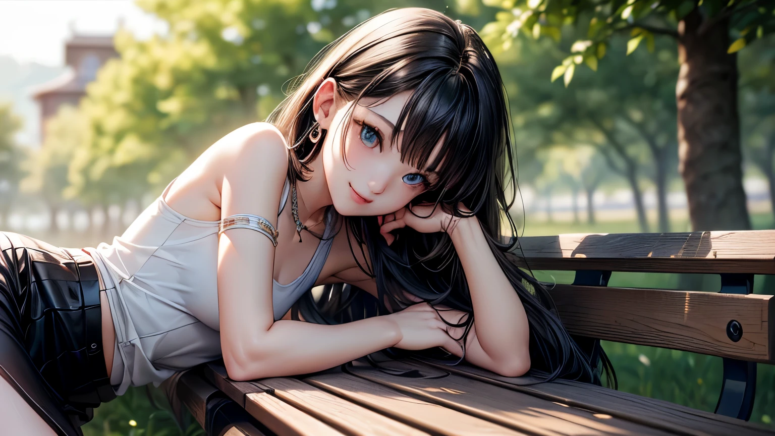 ((Biologically correct number of limbs))、(( Photo including face))、4K、masterpiece、((focus on the face))、((Symmetrical facial features))、Eyes of minute description、Beautiful woman、outstanding style、beautiful clavicle、beautiful legs、slender body、(small ass、thin thighs)、(black garter stockings、high heels)、Detailed depiction of faces、small earrings、necklace、Low - Angle、(Upper body shirt、lower body skirt)、Lying on a park bench、close up of face、lighting to the face、smile、