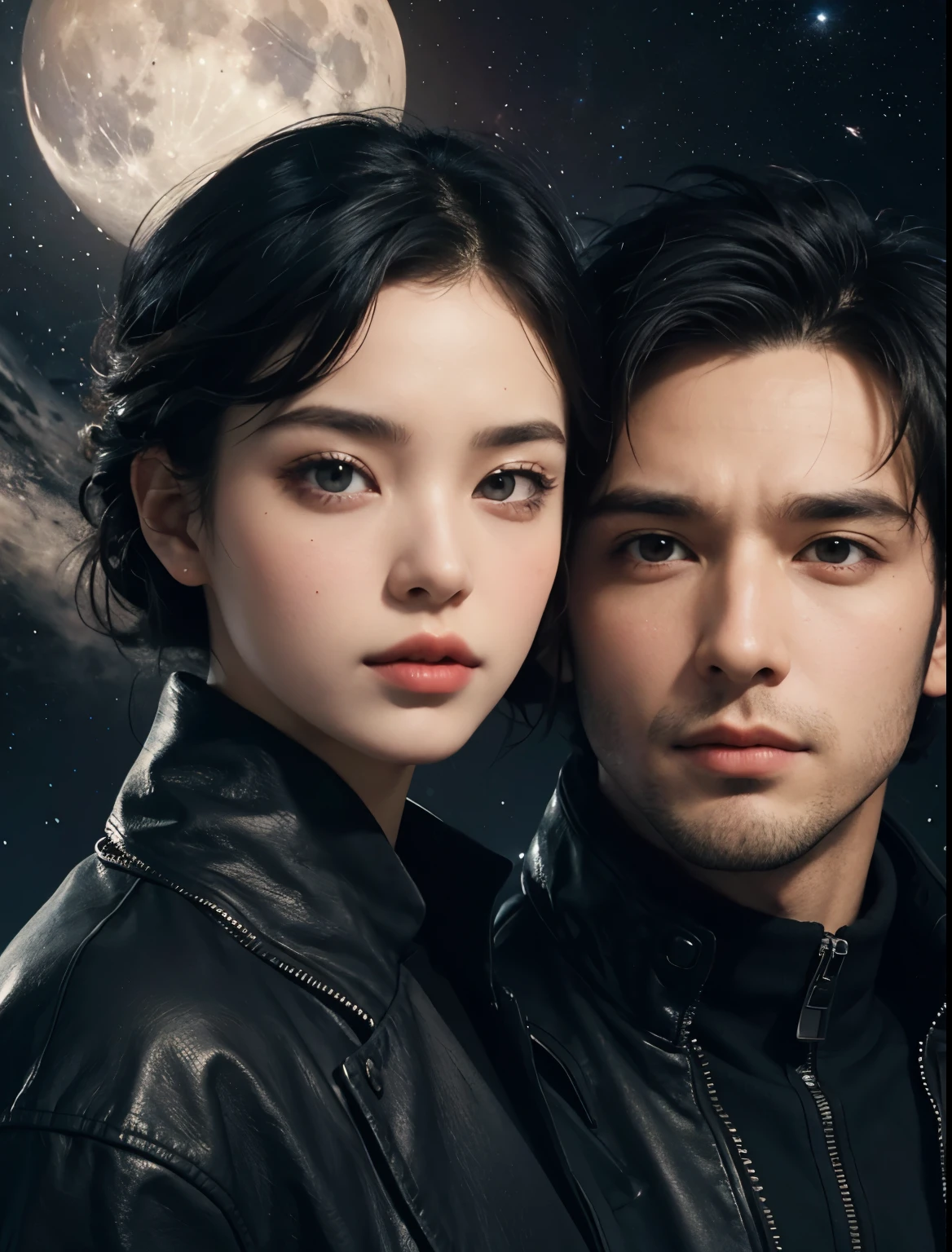 A handsome man and a beautiful woman. Late twenties. The man has short black hair. The woman has dark brown hair. Both of them are also wearing jackets. The two are looking at the camera with serious expressions. An image of outer space and the moon in the space behind them. A masterpiece.