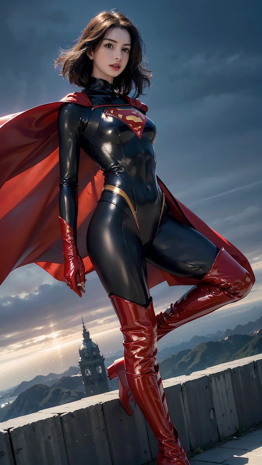 Anne Hathaway wearing detailed and glossy SuperMan costume with full sleeves covering the entire body, short black hair, serious face, (flying in sky), vivid colors, dramatic lighting, red cape, cinematic costume, carbon fiber detailed suit,red boots,red over-the-knee boots,long legs,slender legs,full budy picture