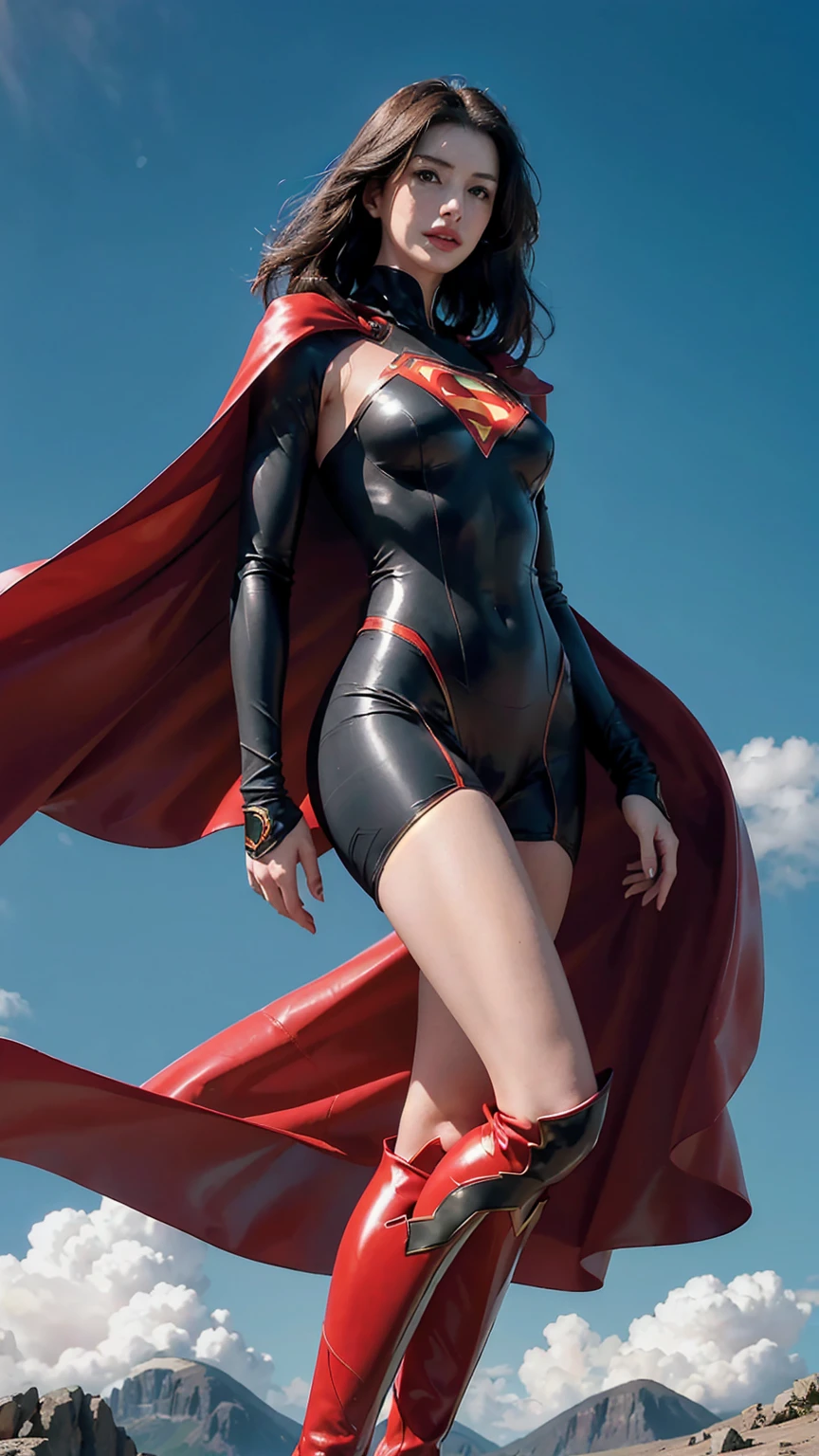 Anne Hathaway wearing detailed and glossy SuperMan costume with full sleeves covering the entire body, short black hair, serious face, (flying in sky), vivid colors, dramatic lighting, red cape, cinematic costume, carbon fiber detailed suit,red boots,red over-the-knee boots,long legs,slender legs,full budy picture