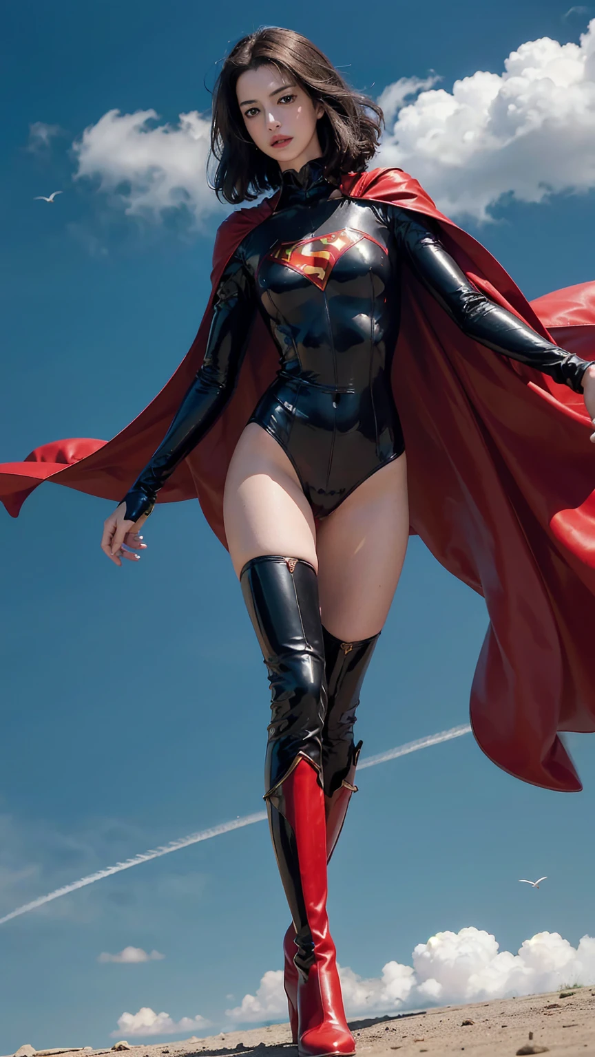 Anne Hathaway wearing detailed and glossy SuperMan costume with full sleeves covering the entire body, short black hair, serious face, (flying in sky), vivid colors, dramatic lighting, red cape, cinematic costume, carbon fiber detailed suit,red boots,red over-the-knee boots,long legs，slender legs，full budy picture