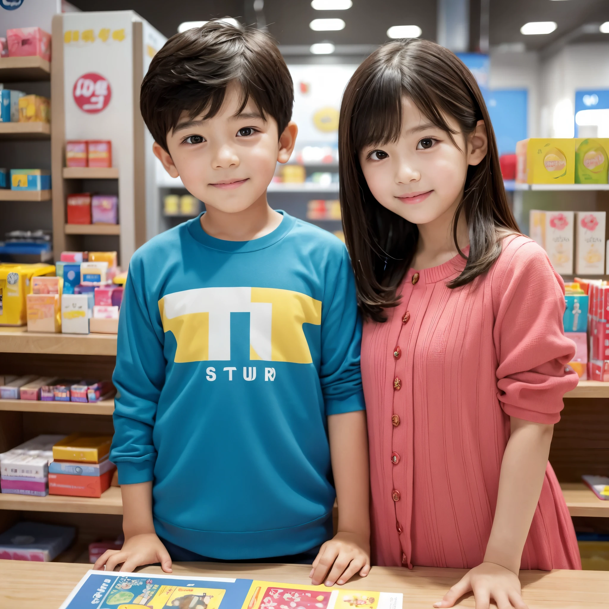 1 Korean 5--old , 1 Korean 5-year-olrl,Beed,cute,looking at the viewer,smile,neat clothes ,product display stand background,stationery store background,the background looks good,subtle,very realistic,Free Pose,매우 subtle 얼굴, Detailed and smooth skin, beautiful face, masterpiece, highest resolution, best quality,perfect face,realistic lighting, Natural-looking poses,