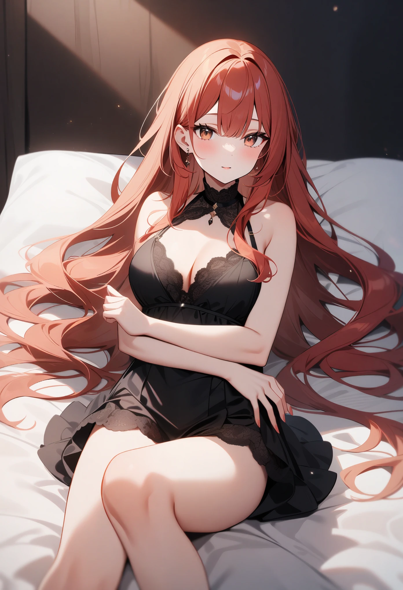beautiful redhead girl with brown eyes and long hair wearing very sexy black underwear lying on the bed photo shoot