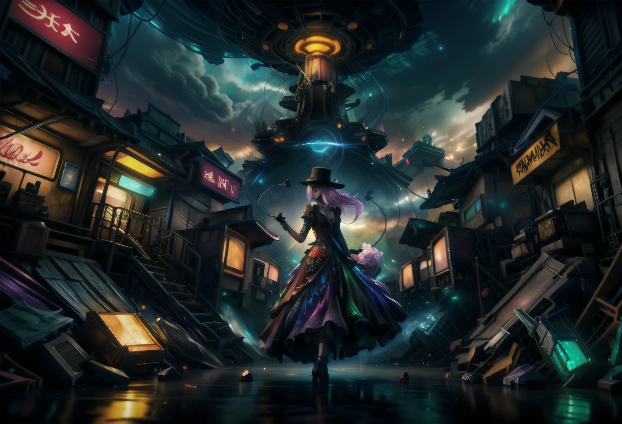 a elegant woman in a hat and purple lace bioluminescent dress walking through a city at enigmatic city, cyberpunk art inspired by Cyril Rolando, cgsociety contest winner, colorful sci-fi steampunk, alice in wonderland cyberpunk, anime cyberpunk art, stylized urban fantasy artwork, digital cyberpunk anime art, 2. 5 d cgi anime fantasy artwork, vivid steampunk concept, anime epic artwork, Realistic texture, bold lines, lineart anime artwork, back lighting, vibrant and bold dark limited CMYK color palette, Painstaking Attention To Details, Each delicate filament glows, casting spectral edges against the velvety darkness, ethereal dream, refract light into a mesmerizing dance of color and shadow, detailed dynamic background with clutter to fill the space and amazing depth, (hyperrealistic,photorealistic,hyperdetailed,award winning masterpiece,Best Quality, RAW 8k Ultra HD,Absurdres,HDR,Octane Render,ARRI ALEXA 65 DSLR Photography,Ultra Sharp Studio Focus,Crystal Clear Infinity Focus,Sharpened Focus Stacking, Layered Detailing, Displacement Mapping, Path Tracing, Photon Mapping, V-Ray, Hardware Ray Tracing with Lumen Global Illumination, Lumen Shadows and Reflections, Ray Tracing Ambient Occlusion, Subsurface Scattering, Max Intricate Details, Extra Detailed,Anti-Aliasing, Perfect Composition, Postprocessing) 