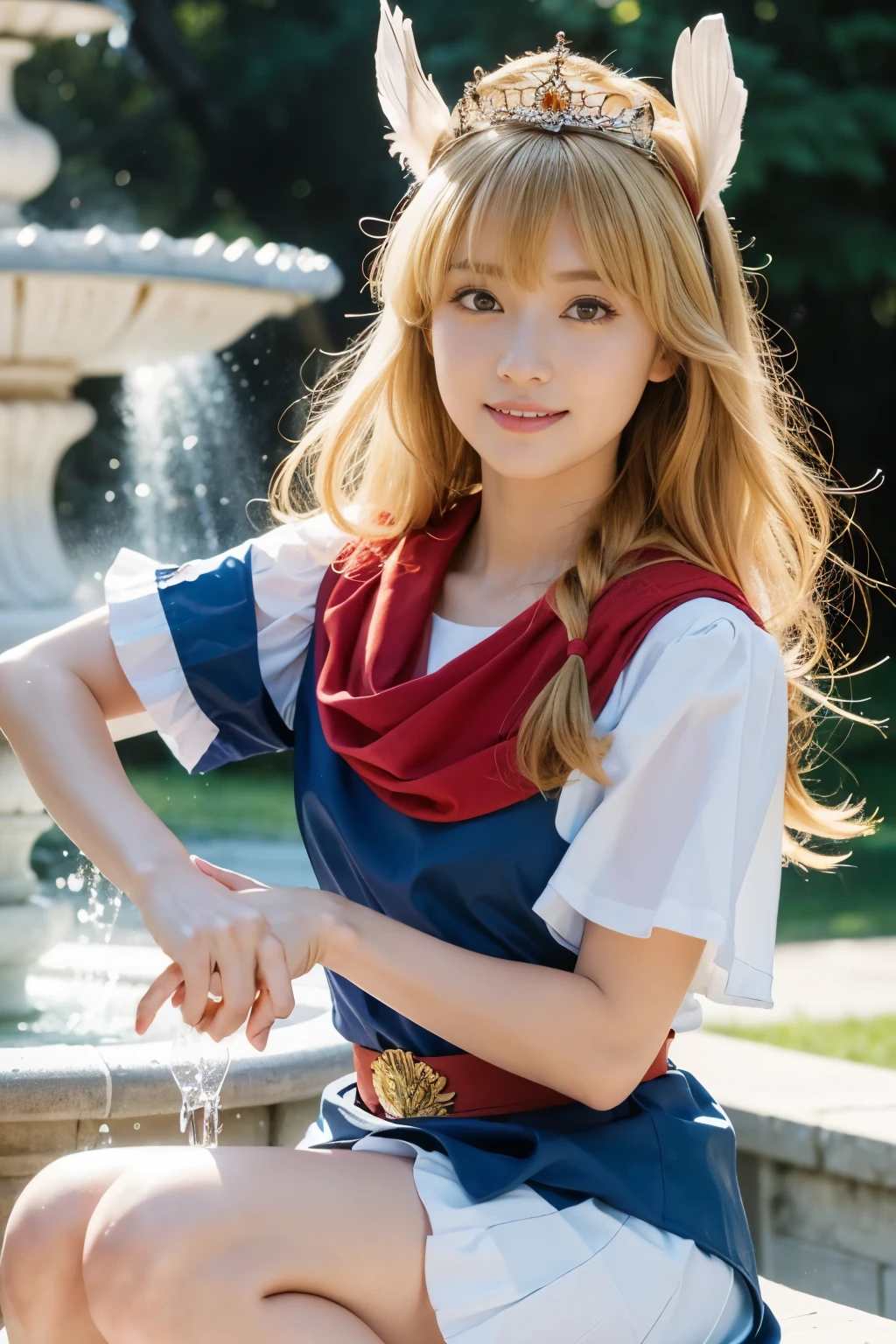 masterpiece、1 beautiful girl、fine eyes、smile,puffy eyes、highest quality, 超High resolution, (reality: 1.4), movie lighting、super beautiful、beautiful skin、body facing forward、Upper body,close up of face,(超reality的な)、(High resolution)、(8k)、(very detailed)、(美しくfine eyes)、(Super detailed)、 (wall-)、detailed face、bright lighting、professional lighting、looking at the viewer、look straight ahead、slanted bangs、perfect cosplay, highest quality,super detailed,1 girl,alone,magical princess,blonde hair,blue clothes,blue skirt,brown eyes,feather hair band,long hair,pauldron,boots,red scarf,tiara,white shoes,Inside the fountain,prepare a bow