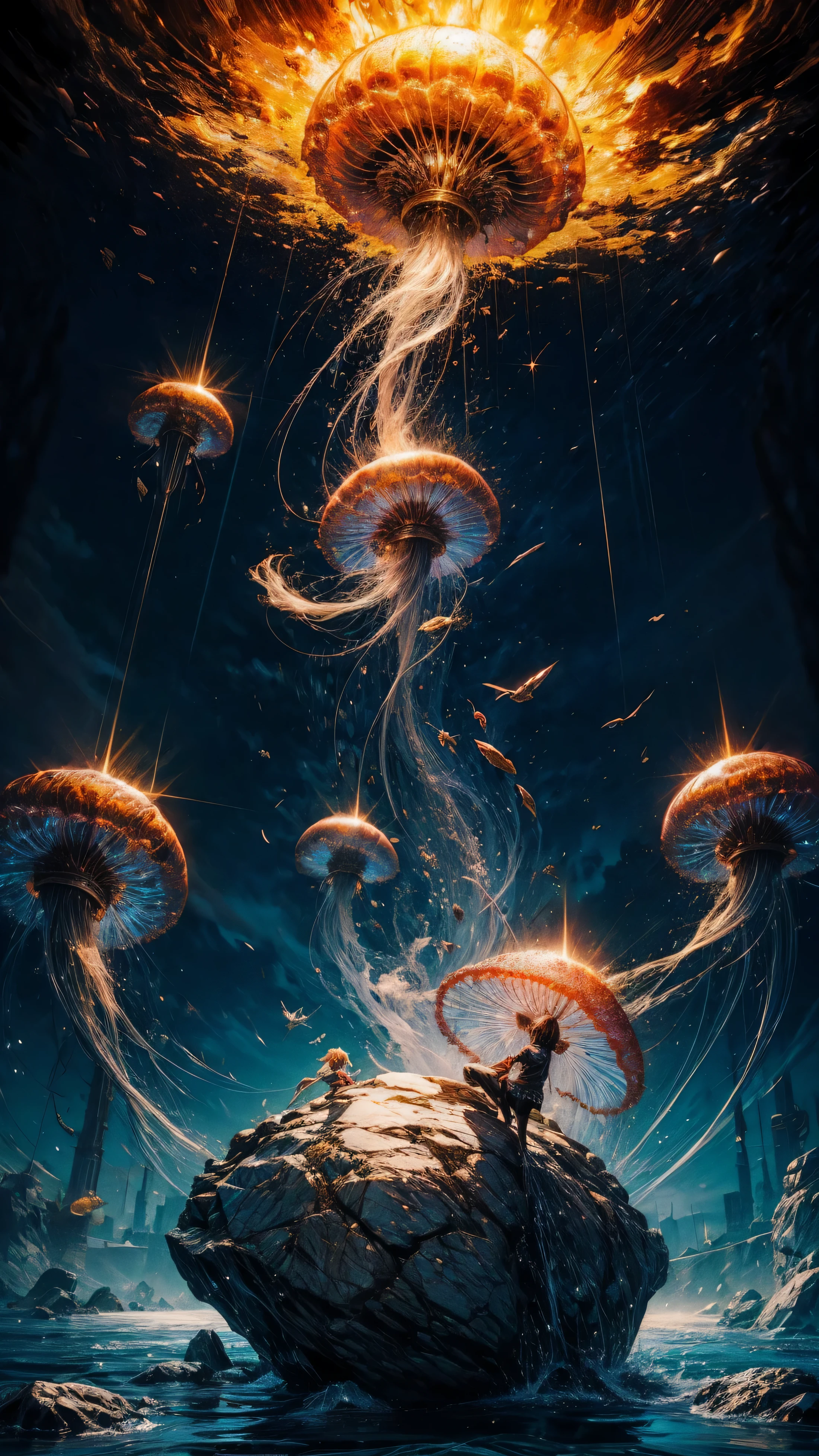 太阳flare水母, vibrant red, 太阳flare, red jellyfish structure,flare, HD, Ultra-clear