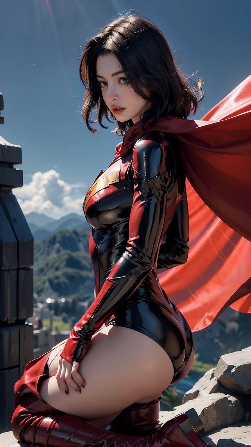 Anne Hathaway wearing detailed and glossy SuperMan costume with full sleeves covering the entire body, short black hair, serious face, (flying in sky), vivid colors, dramatic lighting, red cape, cinematic costume, carbon fiber detailed suit,red boots,red over-the-knee boots,long legs,slender legs,full budy picture