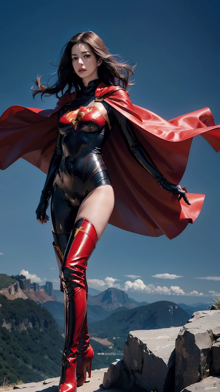 Anne Hathaway wearing detailed and glossy SuperMan costume with full sleeves covering the entire body, short black hair, serious face, (flying in sky), vivid colors, dramatic lighting, red cape, cinematic costume, carbon fiber detailed suit,red boots,red over-the-knee boots,long legs，slender legs，full budy picture